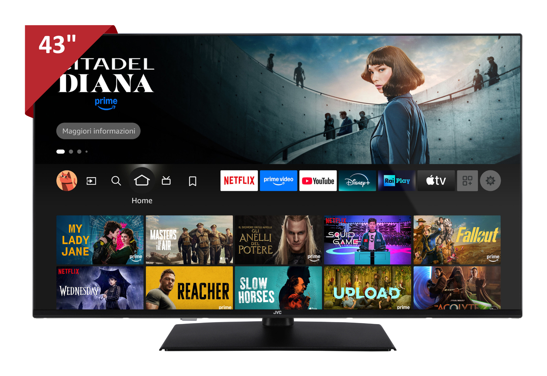 Ein 43" JVC-Fernseher zeigt einen Streaming-Dienst. Shows wie Wednesday und Reacher sind sichtbar. Der Fernseher zeigt die Prime Video-Oberfläche.
