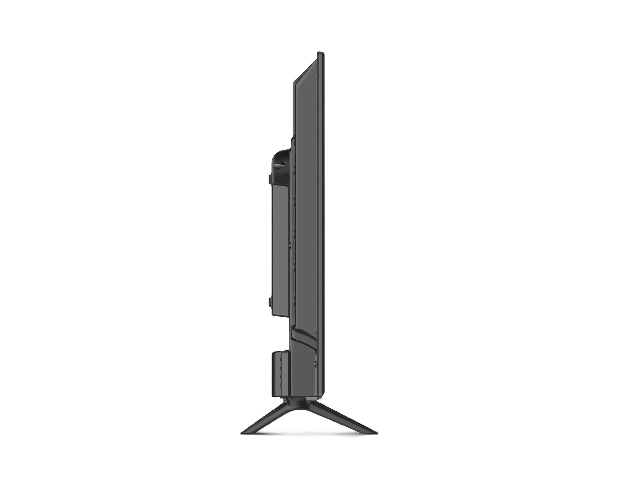 Seitenansicht eines schwarzen Fernsehers auf weißem Hintergrund. Der Fernseher hat einen Ständer.