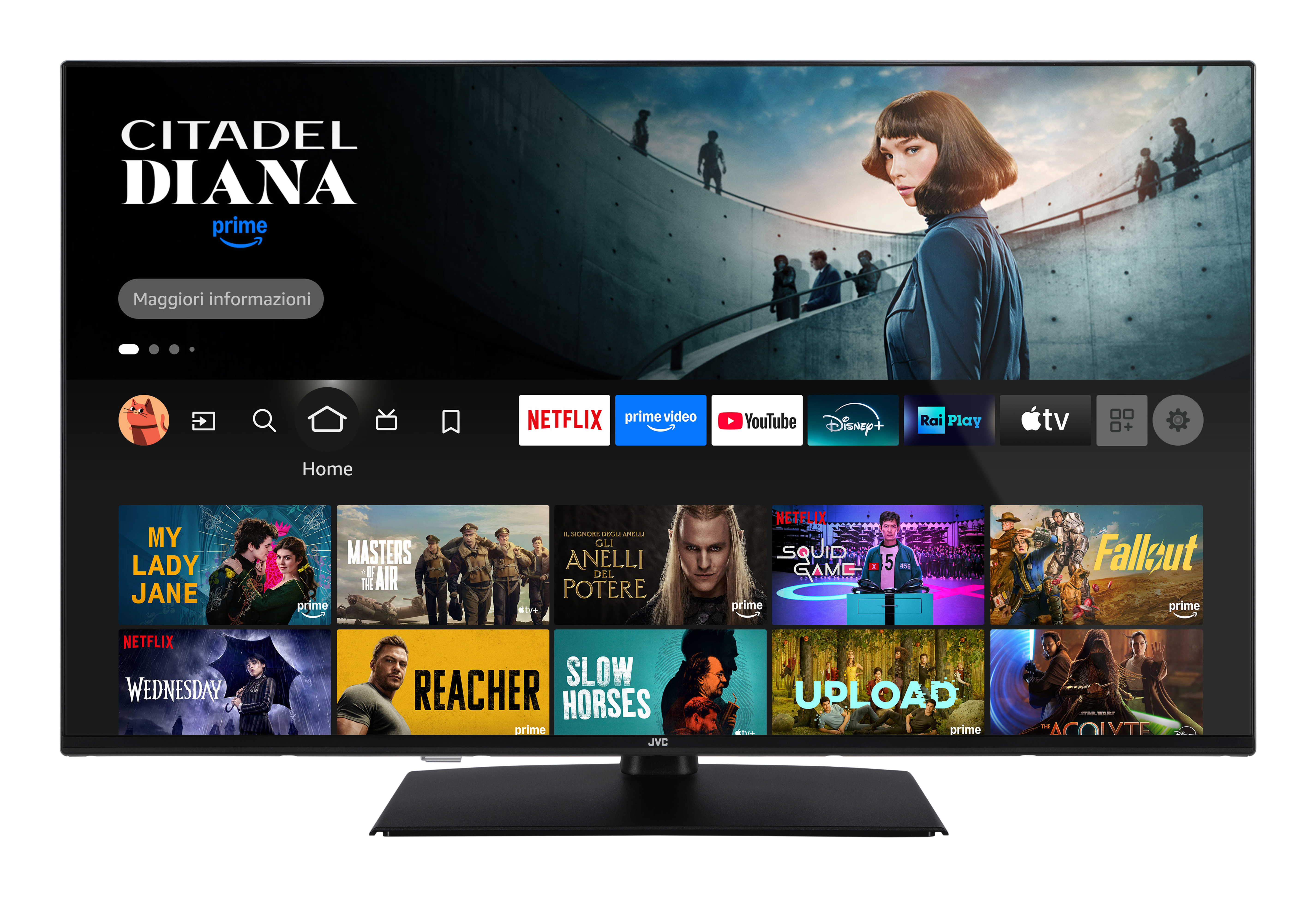 Ein Fernsehbildschirm zeigt eine Prime Video-Oberfläche. Shows wie Citadel und Squid Game sind sichtbar.