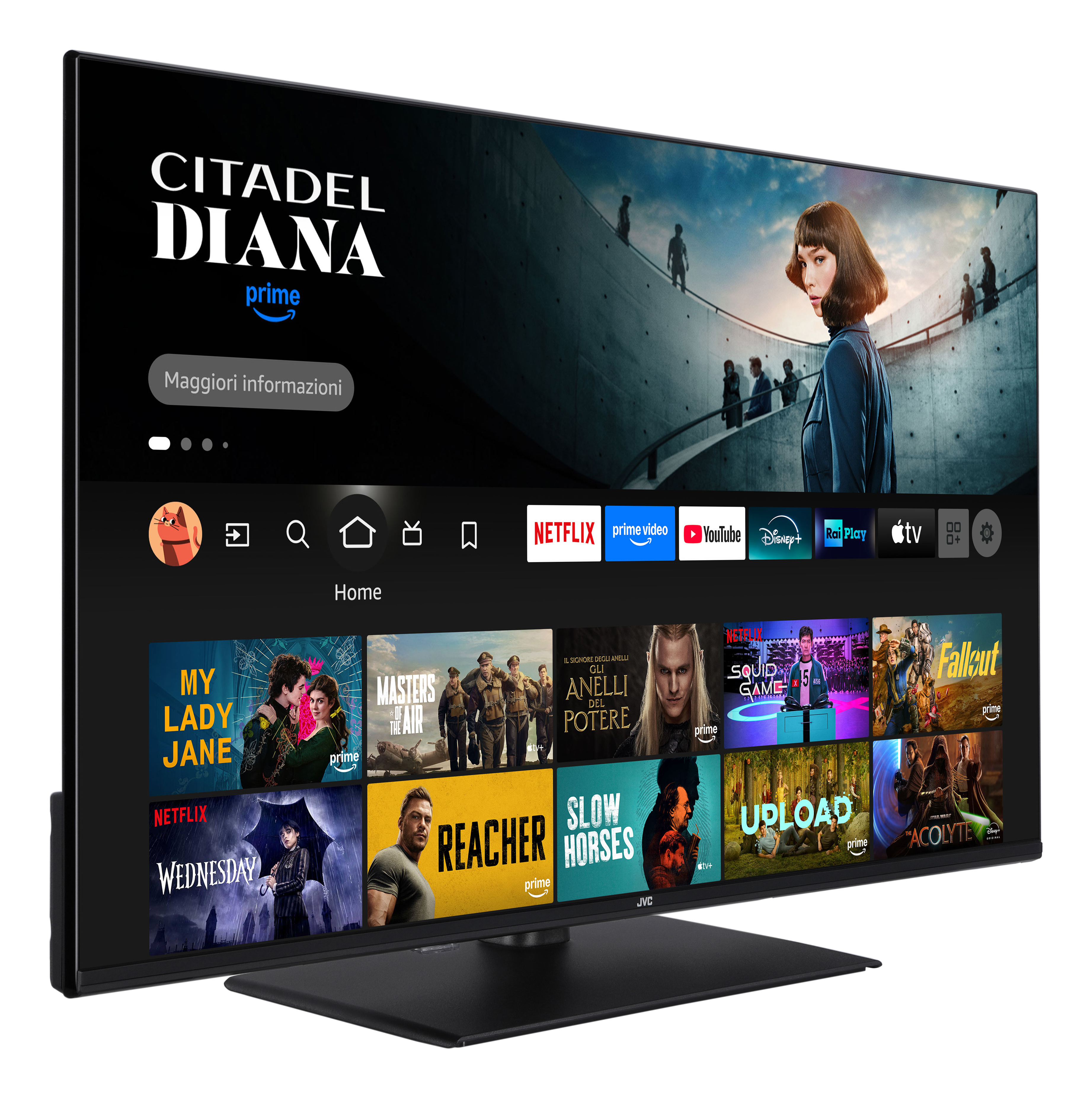 Ein JVC-Fernseher zeigt eine Streaming-Dienst-Oberfläche. Shows und Filme werden angezeigt. Der Hintergrund zeigt eine Szene aus einer Show.