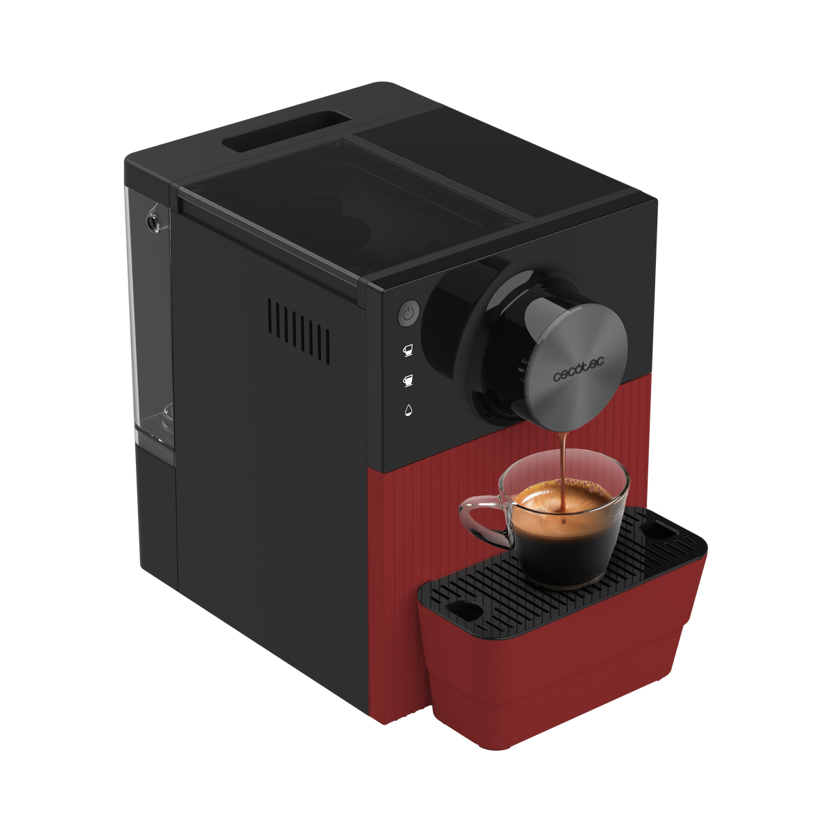 Una cafetera roja y negra dispensa café en una taza de vidrio. La máquina tiene una perilla y botones.