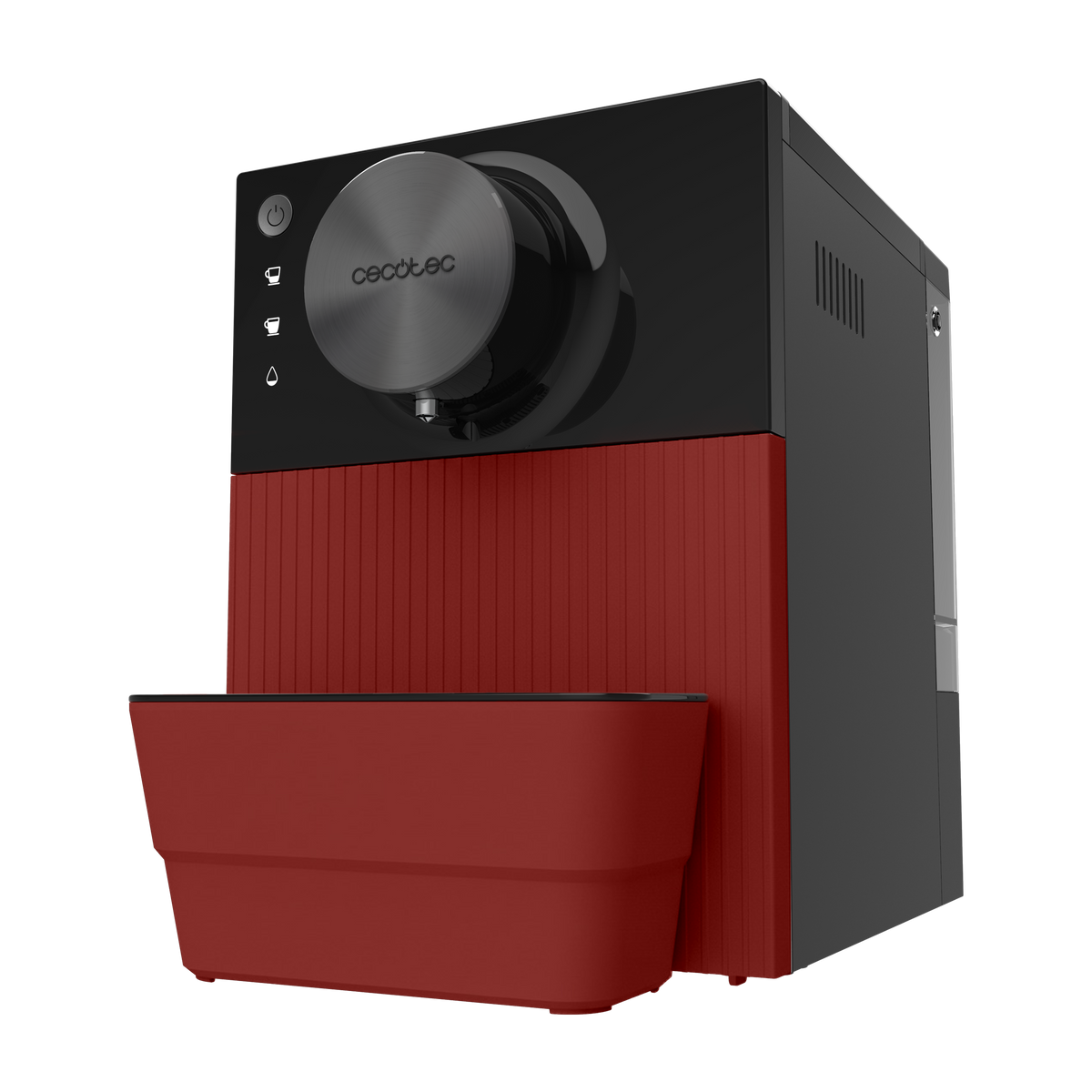 Una cafetera roja y negra. Tiene un dial redondo con la marca 'cecotec'. Una bandeja se encuentra en la parte inferior.