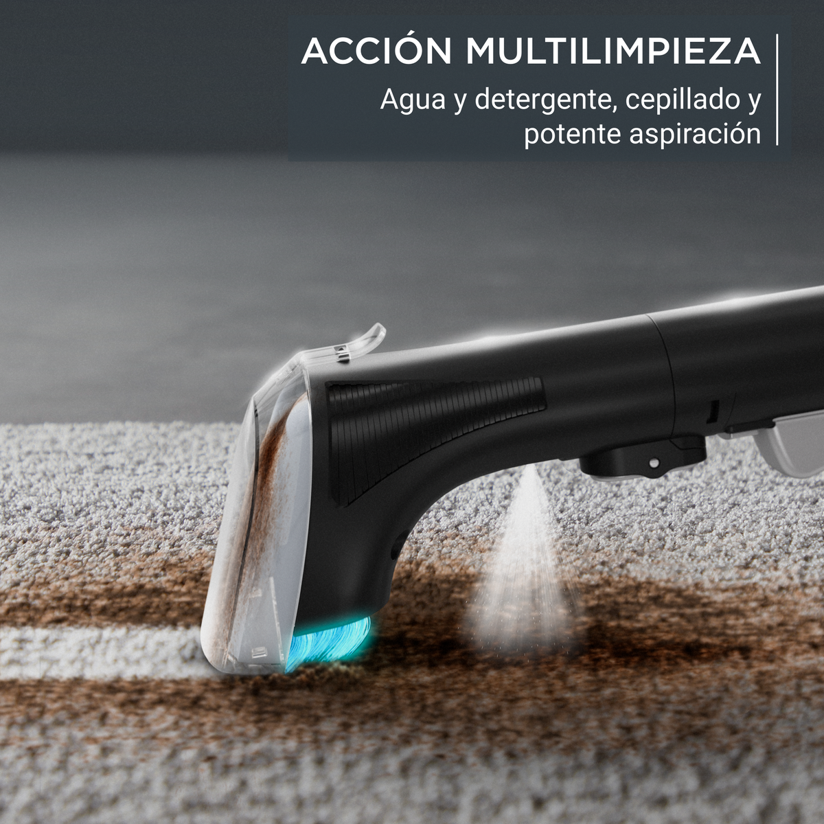 Un dispositivo di pulizia nero spruzza acqua su un tappeto, pulendo una macchia marrone. Il dispositivo ha una testa trasparente con luci blu.
