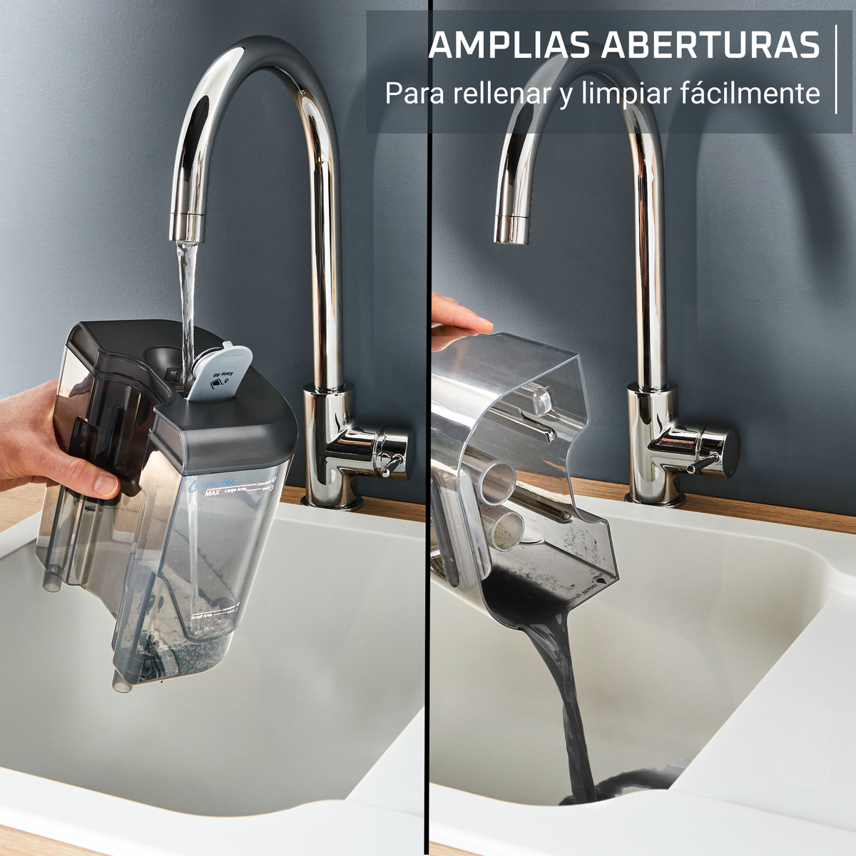 Un'immagine in due parti mostra un contenitore riempito d'acqua e poi svuotato in un lavandino. Un rubinetto è visibile sullo sfondo.