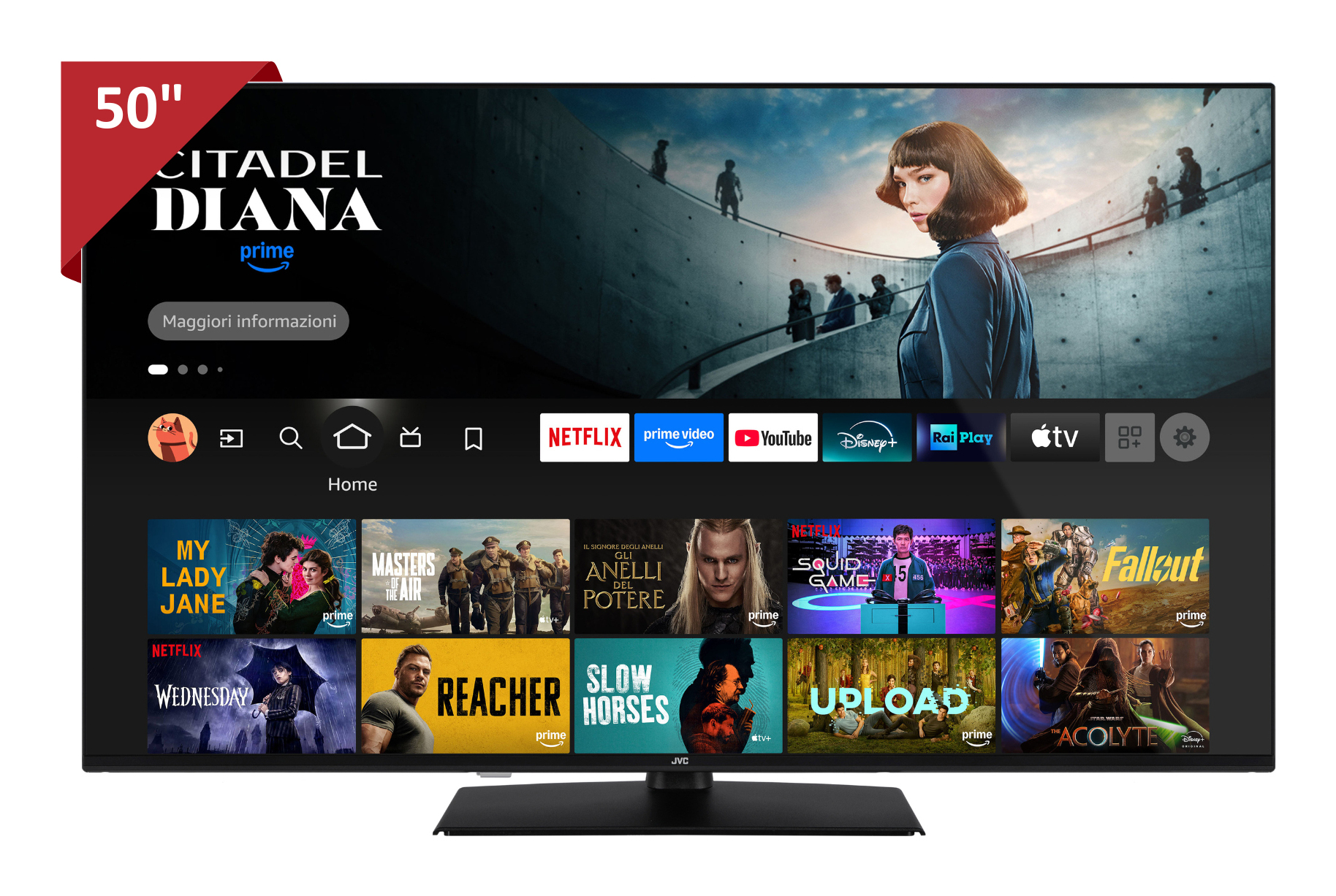 Ein 50" JVC-Fernseher zeigt eine Streaming-Oberfläche. Shows wie 'Citadel: Diana', 'Squid Game' und 'Fallout' sind sichtbar.