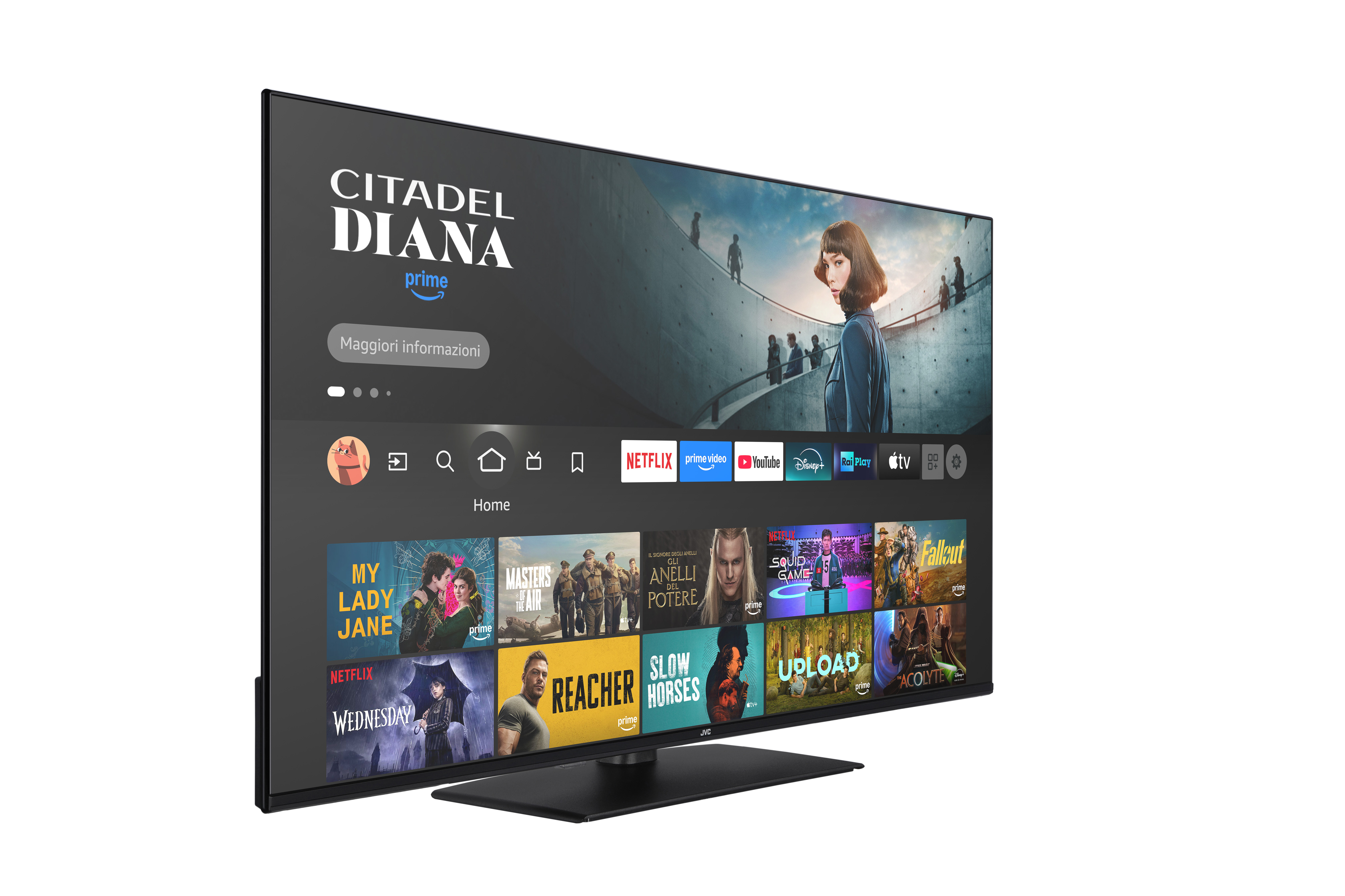Ein Fernseher zeigt eine Streaming-Oberfläche. Sendungen wie 'Citadel: Diana' und 'Wednesday' sind sichtbar.