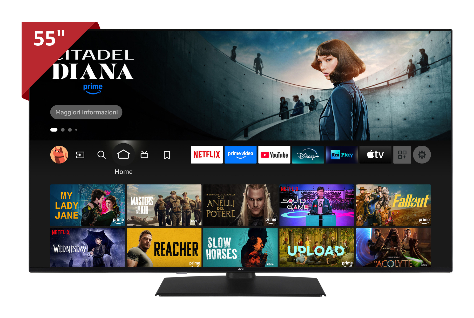 Un TV JVC da 55" mostra un'interfaccia di streaming. Sono visibili programmi come Citadel e Squid Game. Il televisore è nero.