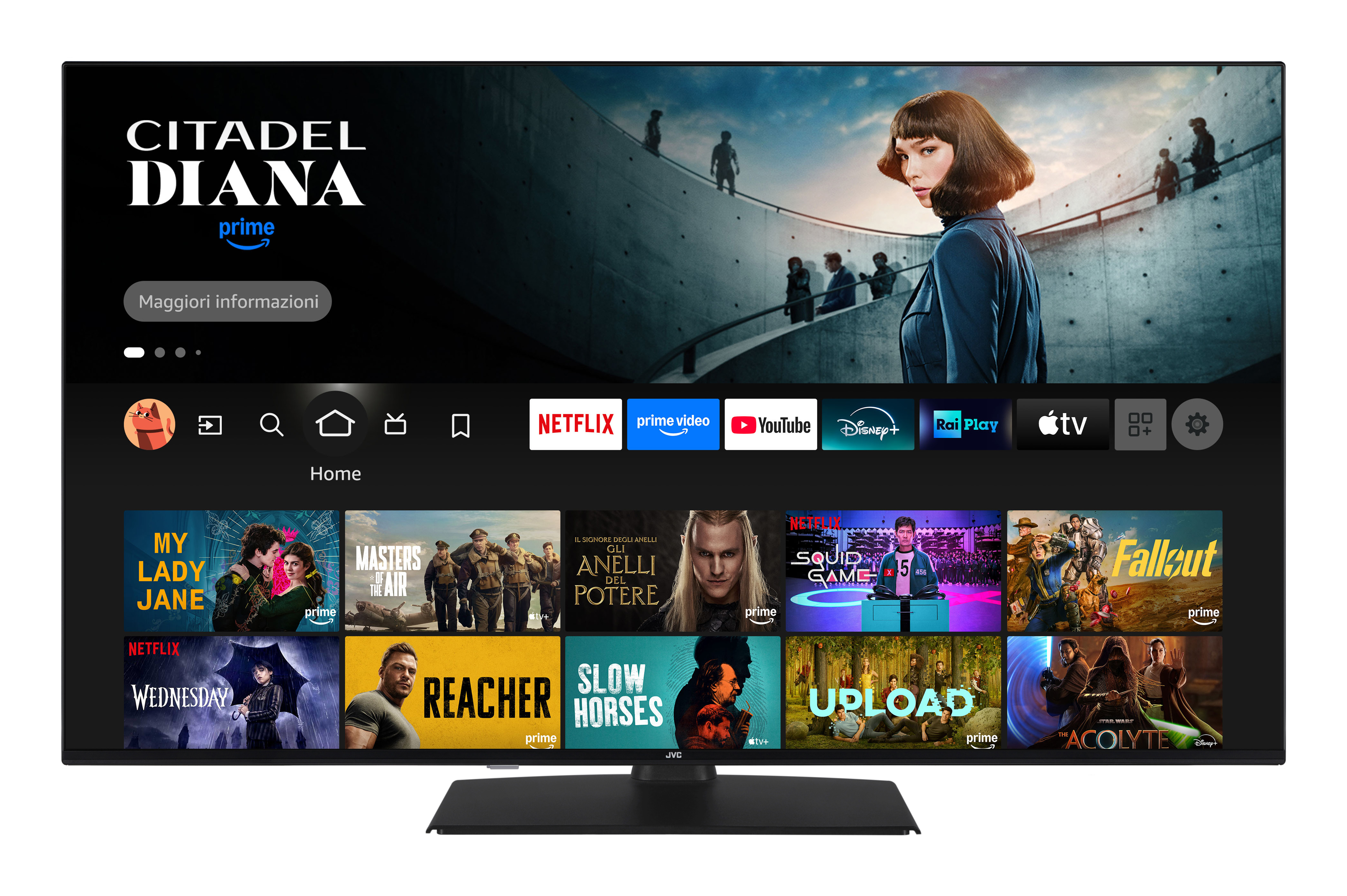 Uno schermo TV mostra un'interfaccia di servizio di streaming con anteprime di programmi e il volto di una donna.