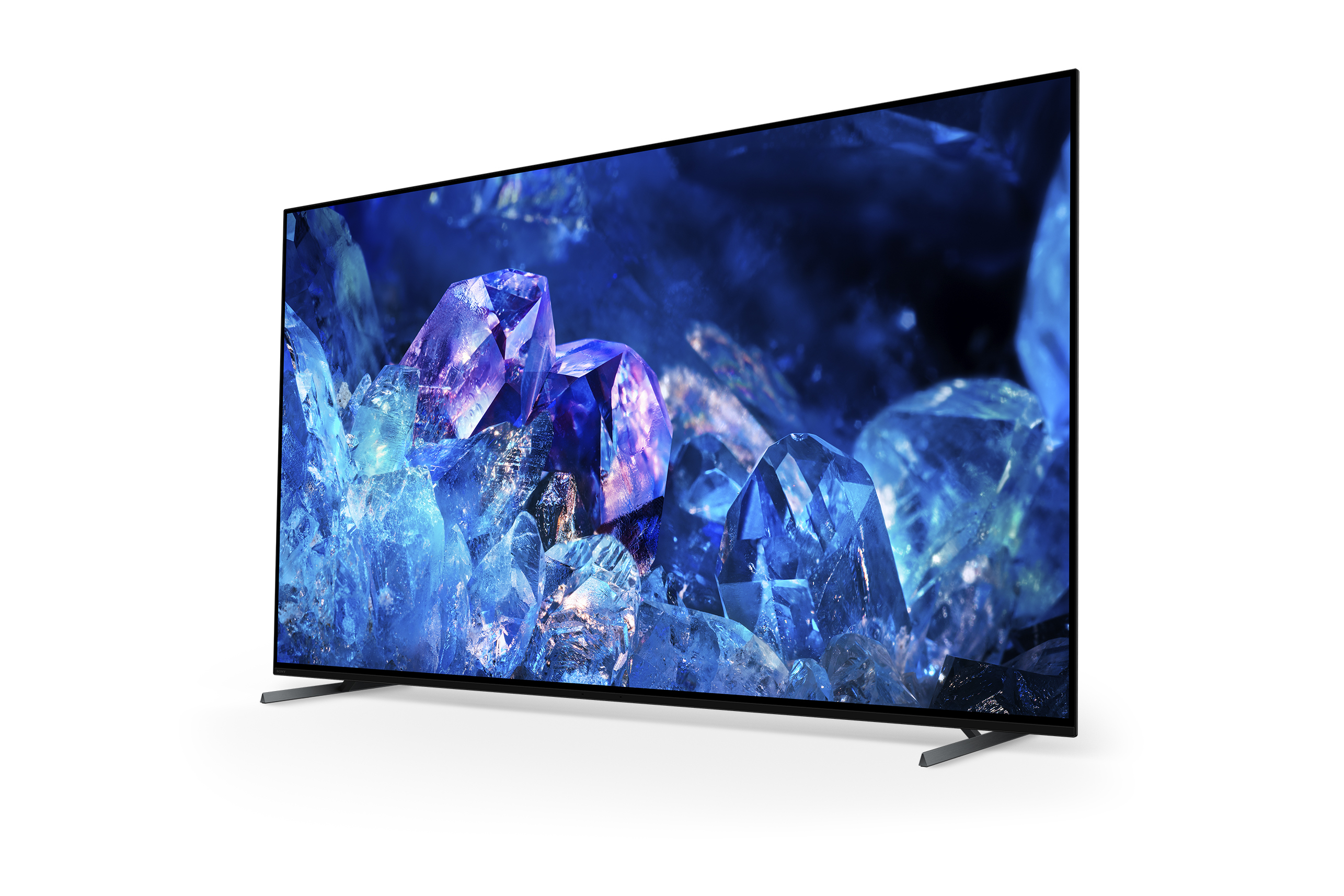 Una moderna TV mostra un'immagine di cristallo blu. La TV è nera, su sfondo bianco.