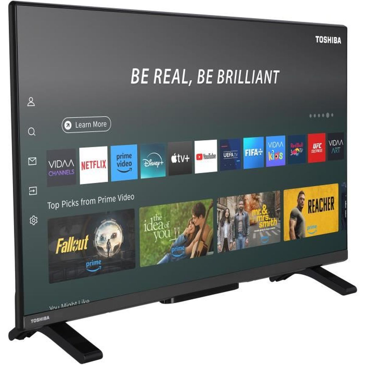 Un televisor Toshiba muestra un menú con servicios de transmisión como Netflix, Prime Video y Disney+. La pantalla muestra iconos de aplicaciones y miniaturas de programas.