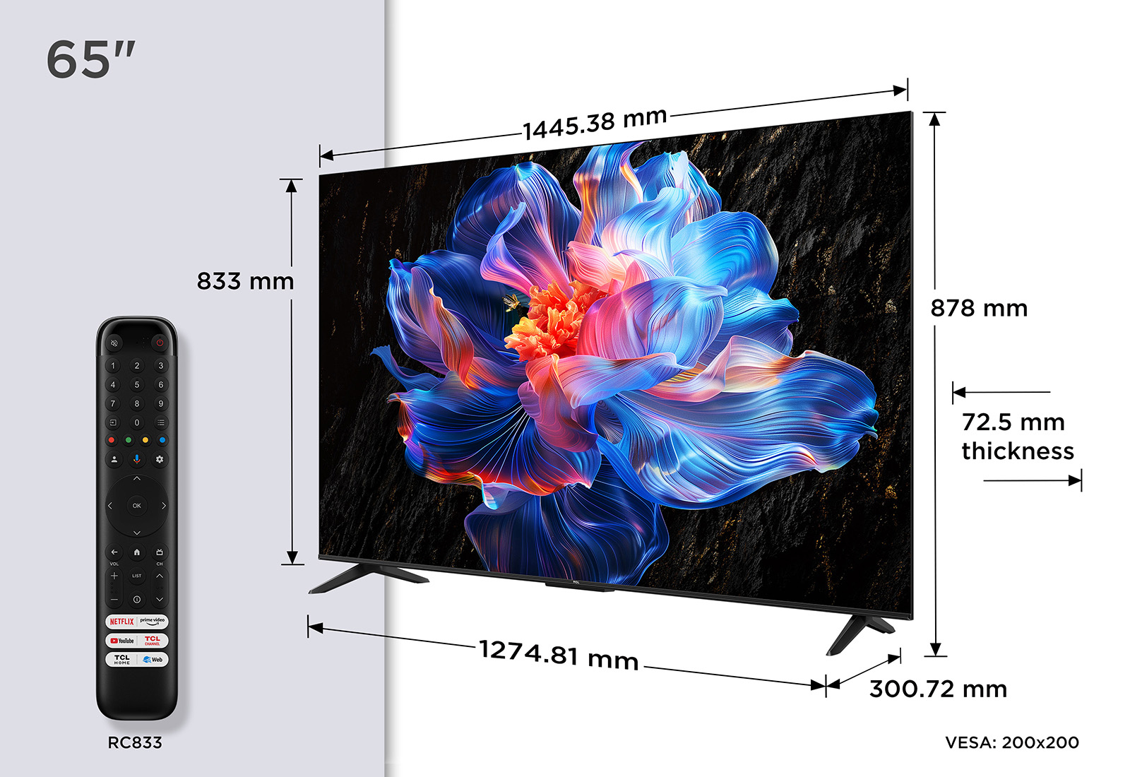 Un téléviseur de 65 pouces avec des dimensions. Une télécommande est à gauche. L'écran affiche un motif floral abstrait coloré.
