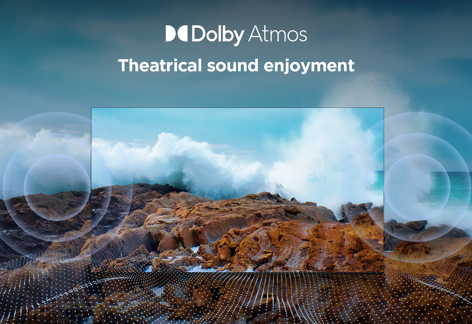 Obraz przedstawia falę rozbijającą się o skały. Logo Dolby Atmos znajduje się u góry, wraz z tekstem: Teatralna przyjemność dźwięku.