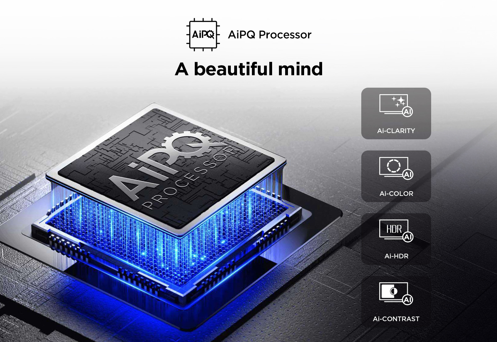 Obraz przedstawia procesor AiPQ z niebieskimi światłami. Tekst mówi 'Piękny umysł'. Ikony dla przejrzystości AI, koloru, HDR i kontrastu są wyświetlane.