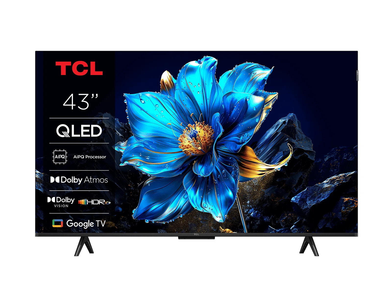 Telewizor TCL QLED 43" z niebieskim kwiatem na ekranie. Posiada Dolby Atmos, HDR+ i Google TV.