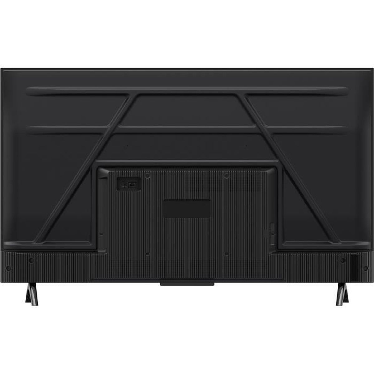 Tył czarnego telewizora z płaskim ekranem, pokazujący konstrukcję wsporczą, porty i nóżki. Powierzchnia jest teksturowana.