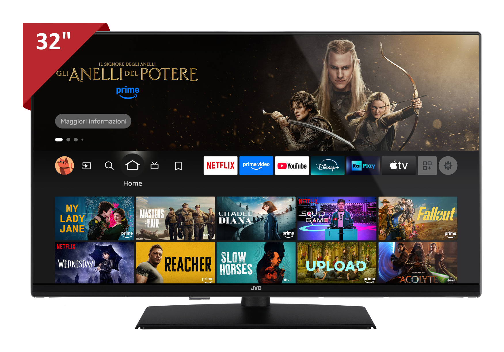 Ein 32-Zoll-JVC-Fernseher zeigt eine Prime Video-Oberfläche. Der Bildschirm zeigt Inhaltsoptionen, darunter 'Der Herr der Ringe' und andere Shows.