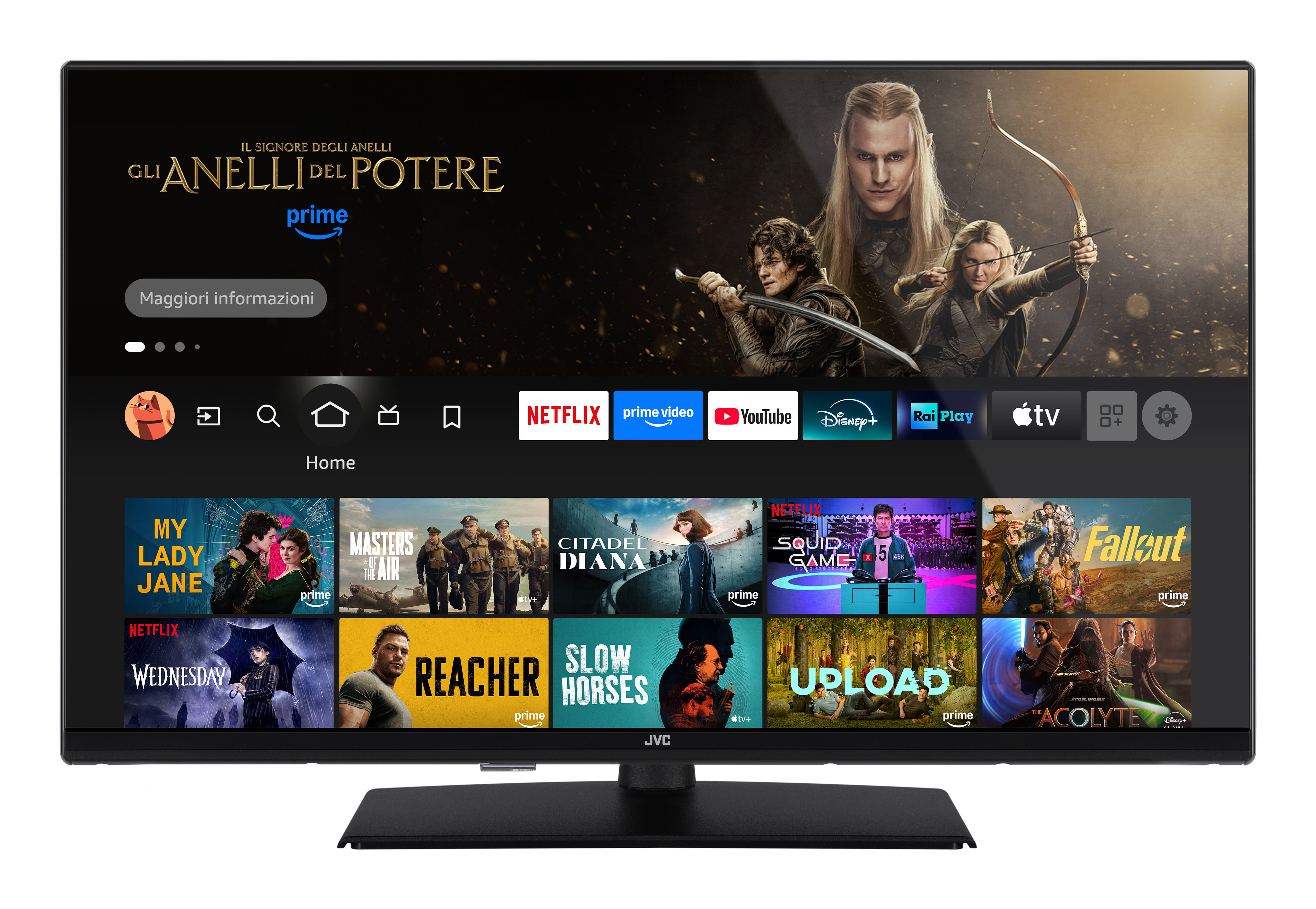 Ein Fernsehbildschirm zeigt eine Szene aus 'Der Herr der Ringe'. Viele App-Kacheln sind sichtbar, wie Netflix und Prime Video.