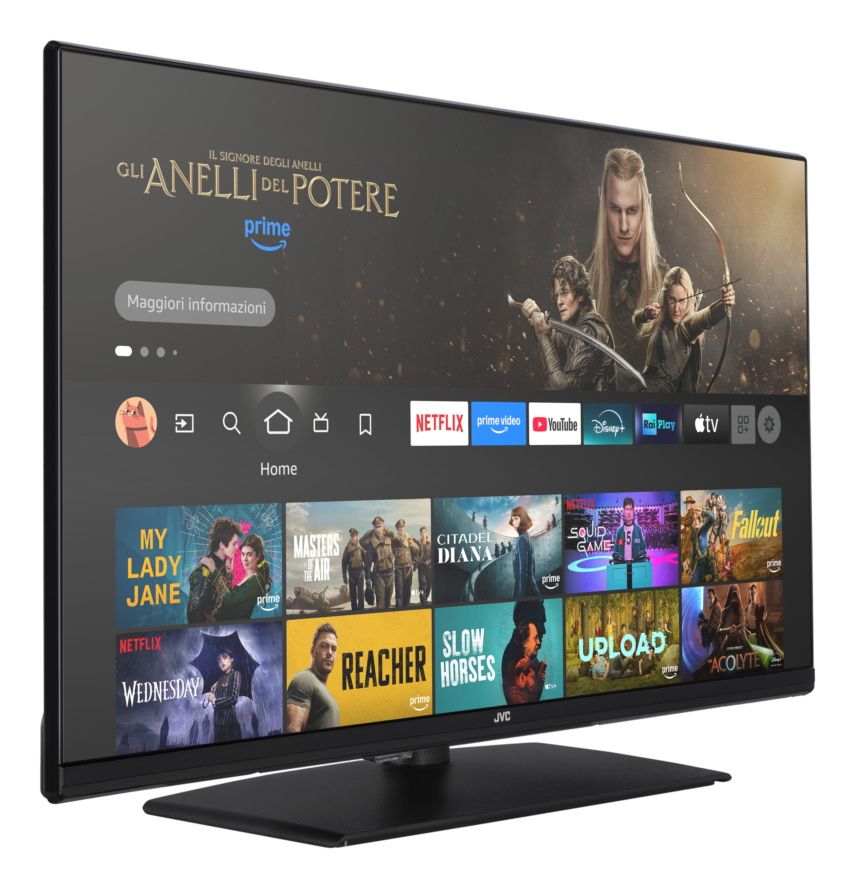 Ein Fernseher zeigt eine Streaming-Oberfläche. Zu den Shows gehören 'Der Herr der Ringe', 'My Lady Jane' und andere.