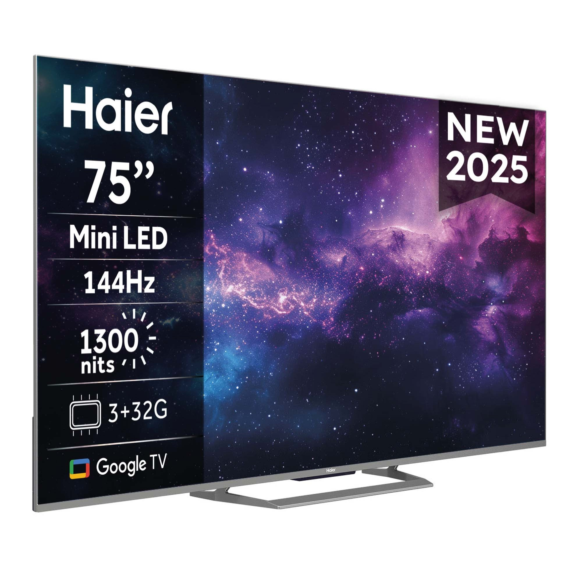 TV Haier 75" con Mini LED, 144Hz, 1300 nit e Google TV. Sfondo spaziale ed etichetta "NEW 2025".