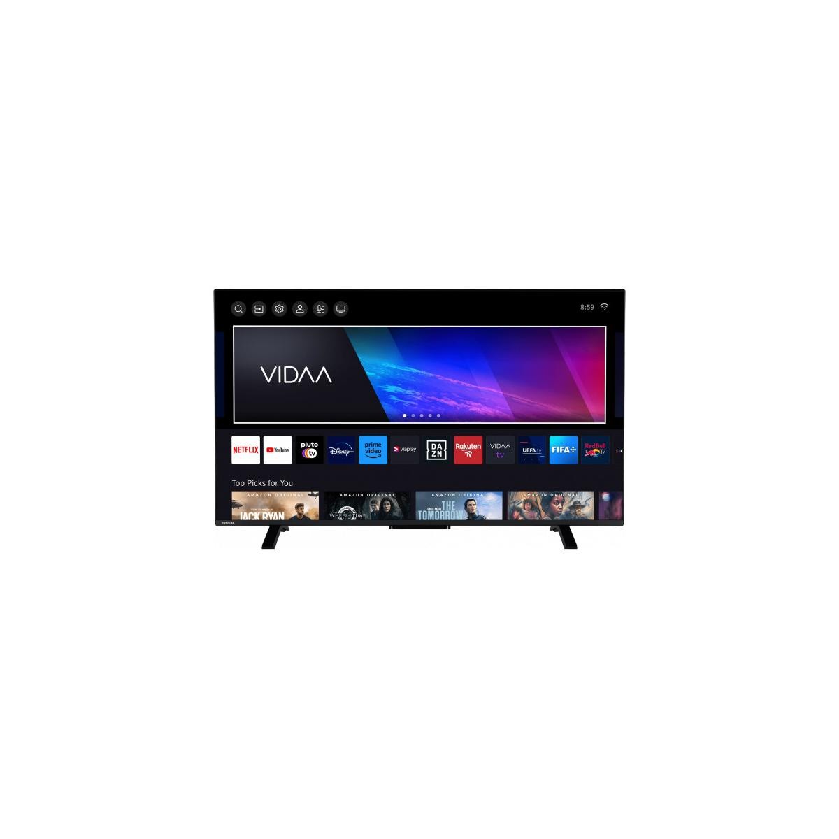 Un televisore a schermo piatto mostra il logo VIDAA e le icone delle app di streaming. Lo schermo mostra una selezione di programmi, con un'indicazione dell'ora.