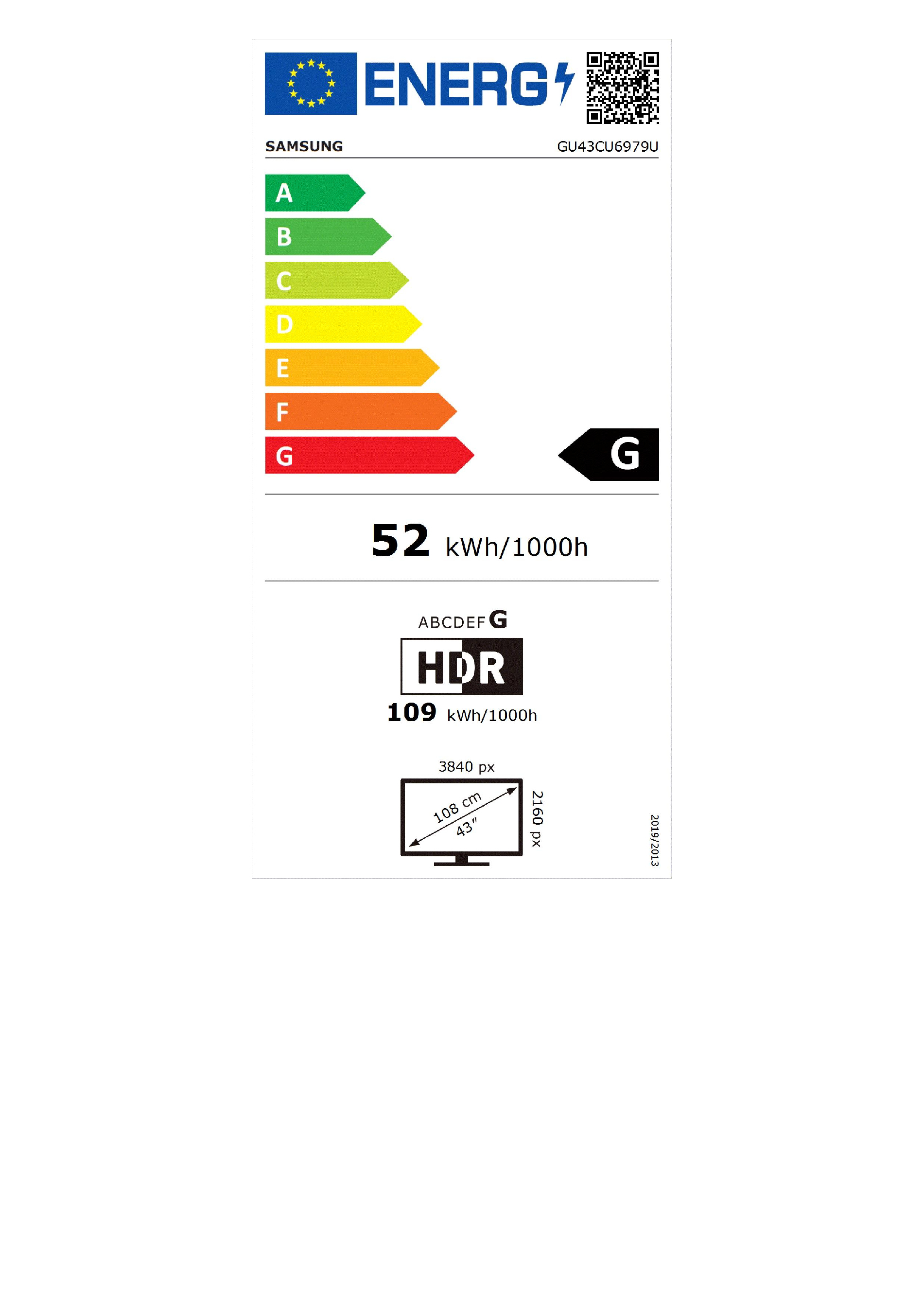 Energielabel für einen Samsung-Fernseher. Es zeigt Energieeffizienz, HDR-Informationen und Abmessungen des Fernsehers.