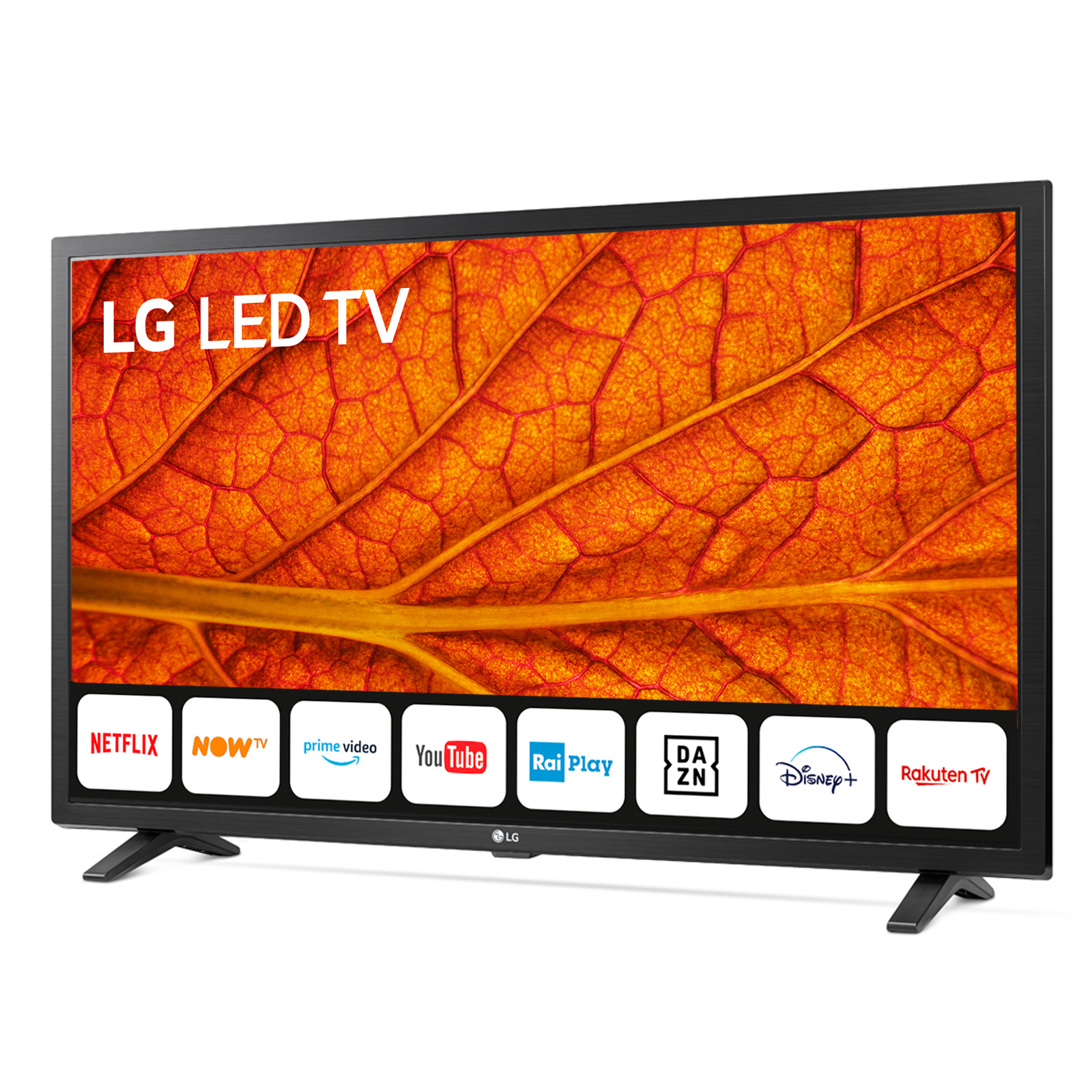 LG LED TV con un design a foglia arancione sullo schermo. Loghi dei servizi di streaming in basso.