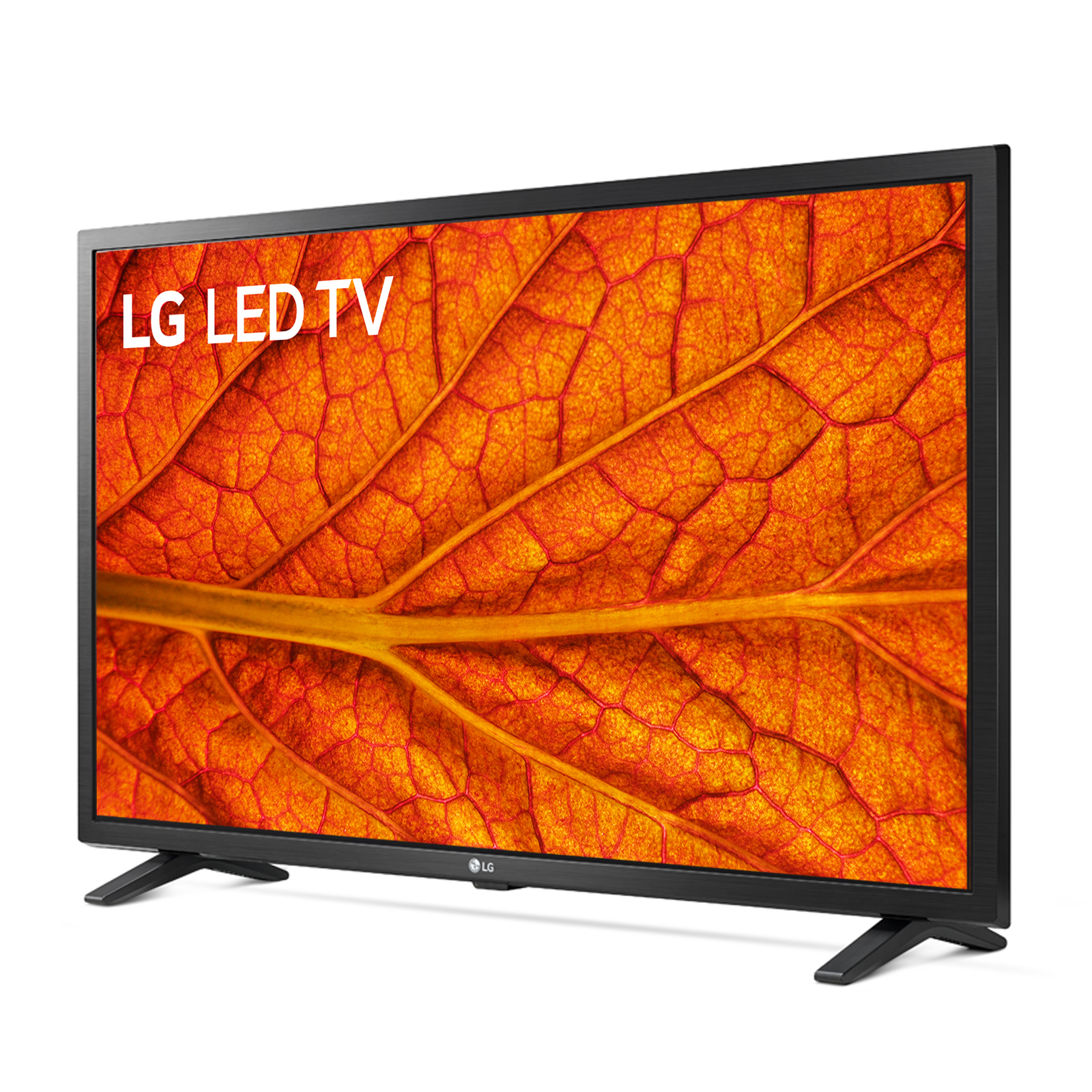 Un televisore LED LG mostra una trama di foglie arancioni. Il televisore è nero con il logo LG. Lo sfondo è bianco.