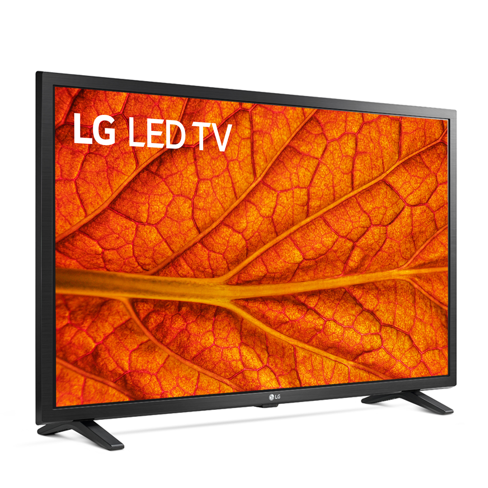 LG LED TV. Visualizzazione di una trama di foglie arancioni. Cornice e supporto neri. Sfondo bianco.