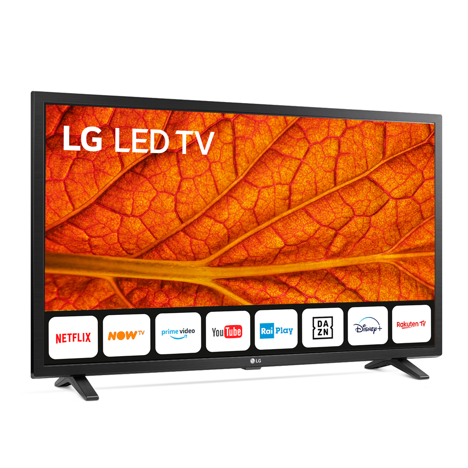 LG LED TV con motivo a foglie. In basso: icone delle app di streaming, tra cui Netflix, YouTube e Disney+.