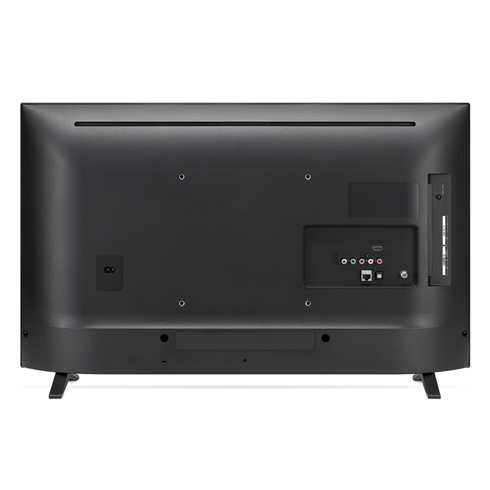 Vista posteriore di un televisore LG nero con varie porte e connettori, inclusi ingressi di alimentazione, HDMI e antenna.