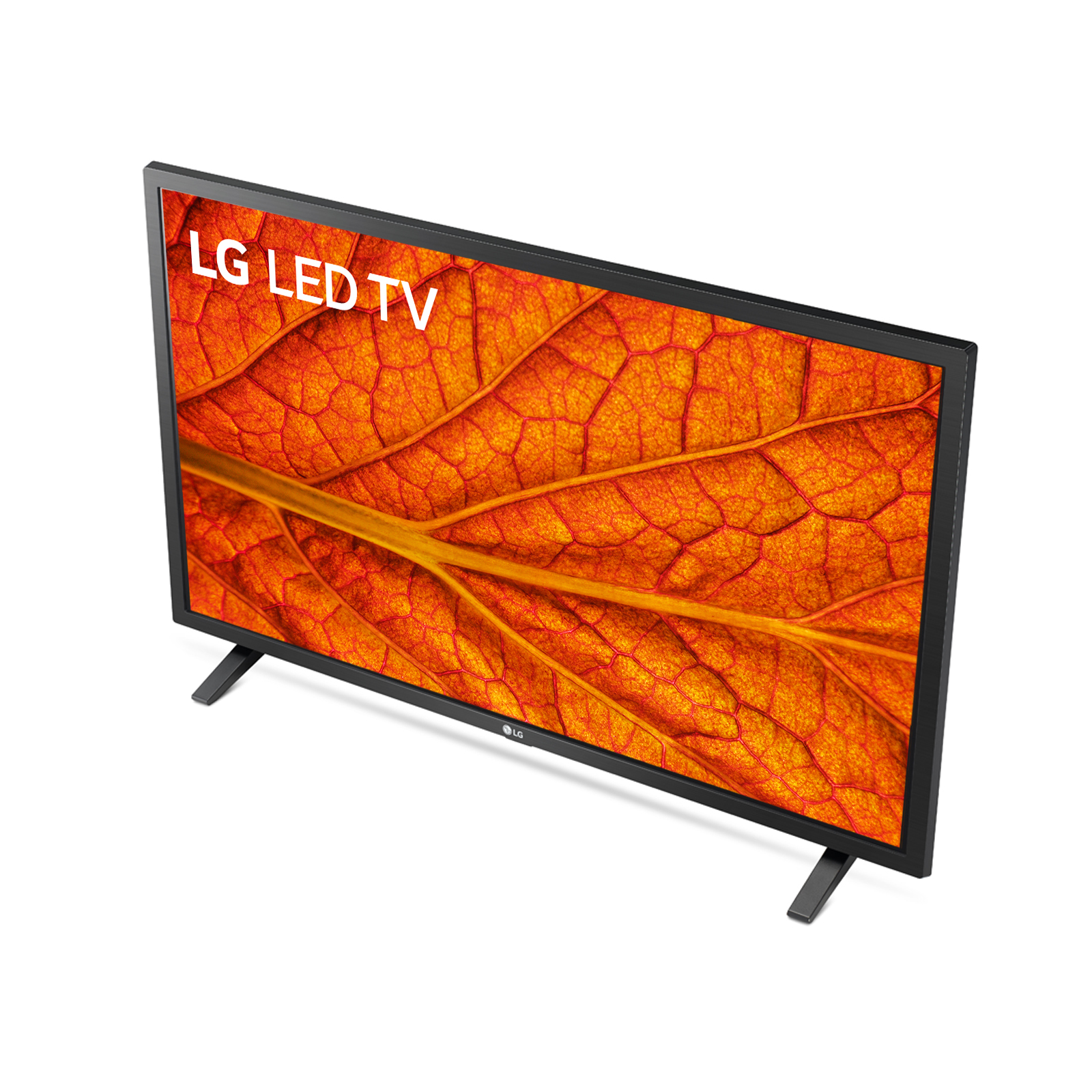 Un televisore LED LG mostra un motivo a foglie arancioni. Il televisore ha cornice e supporto neri. Lo sfondo è bianco.