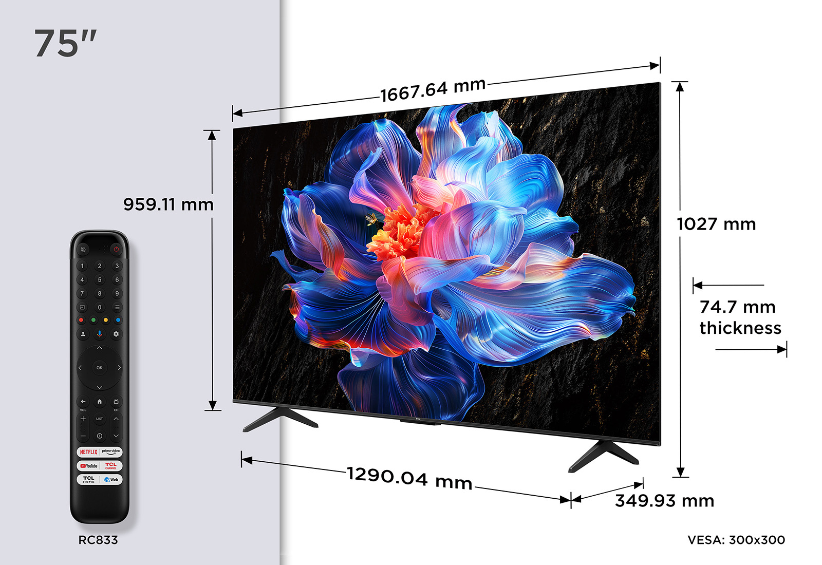 Un téléviseur de 75" avec dimensions indiquées, une télécommande et un affichage artistique floral coloré sur l'écran.