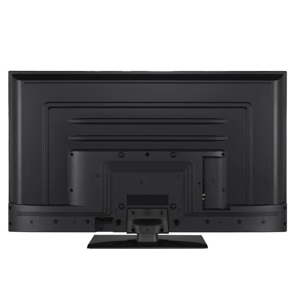 Widok z tyłu czarnego telewizora z płaskim ekranem na czarnym stojaku. Telewizor ma różne porty i punkty montażowe.