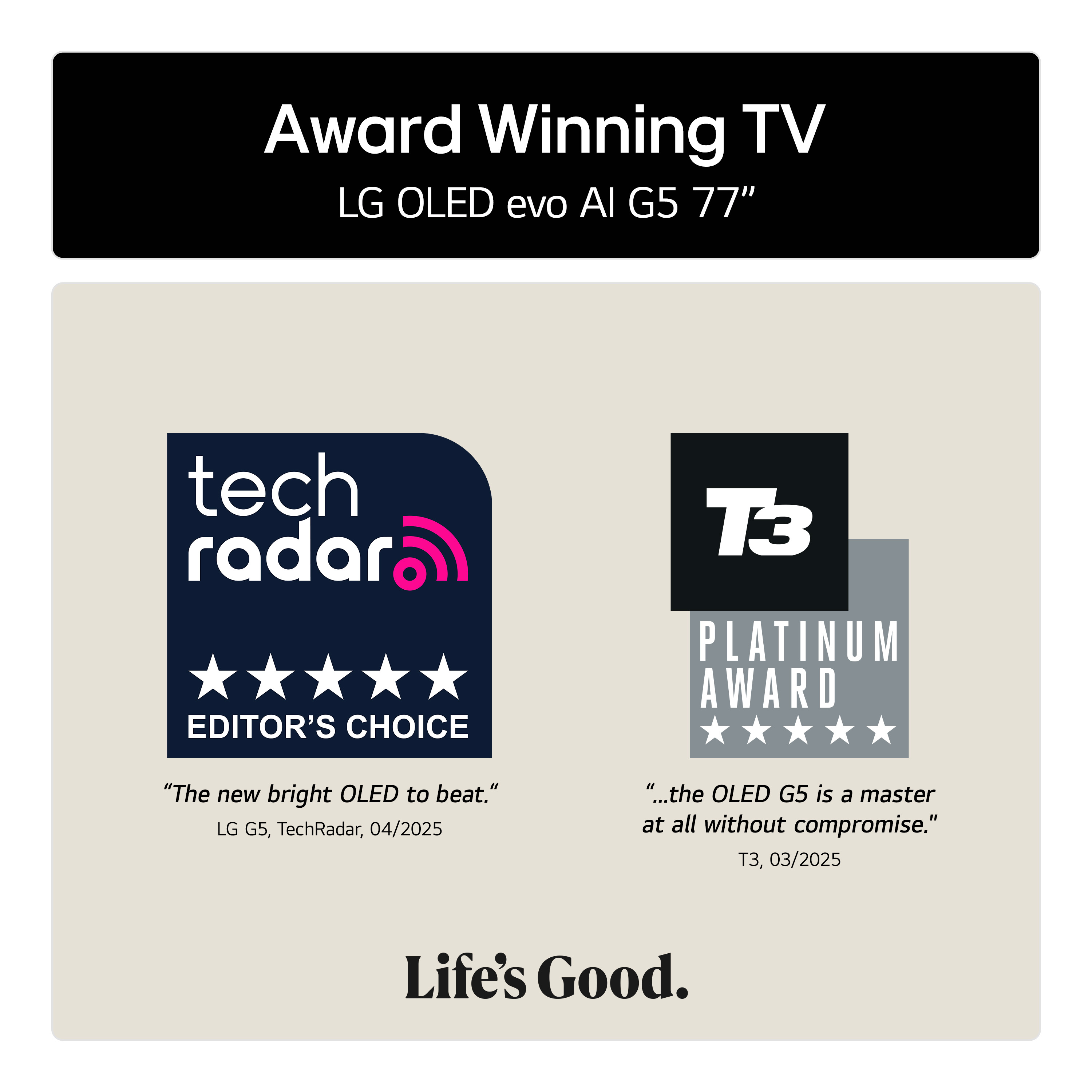 L'immagine mostra un TV OLED LG premiato con loghi e testo di TechRadar e T3, che elogia il prodotto.