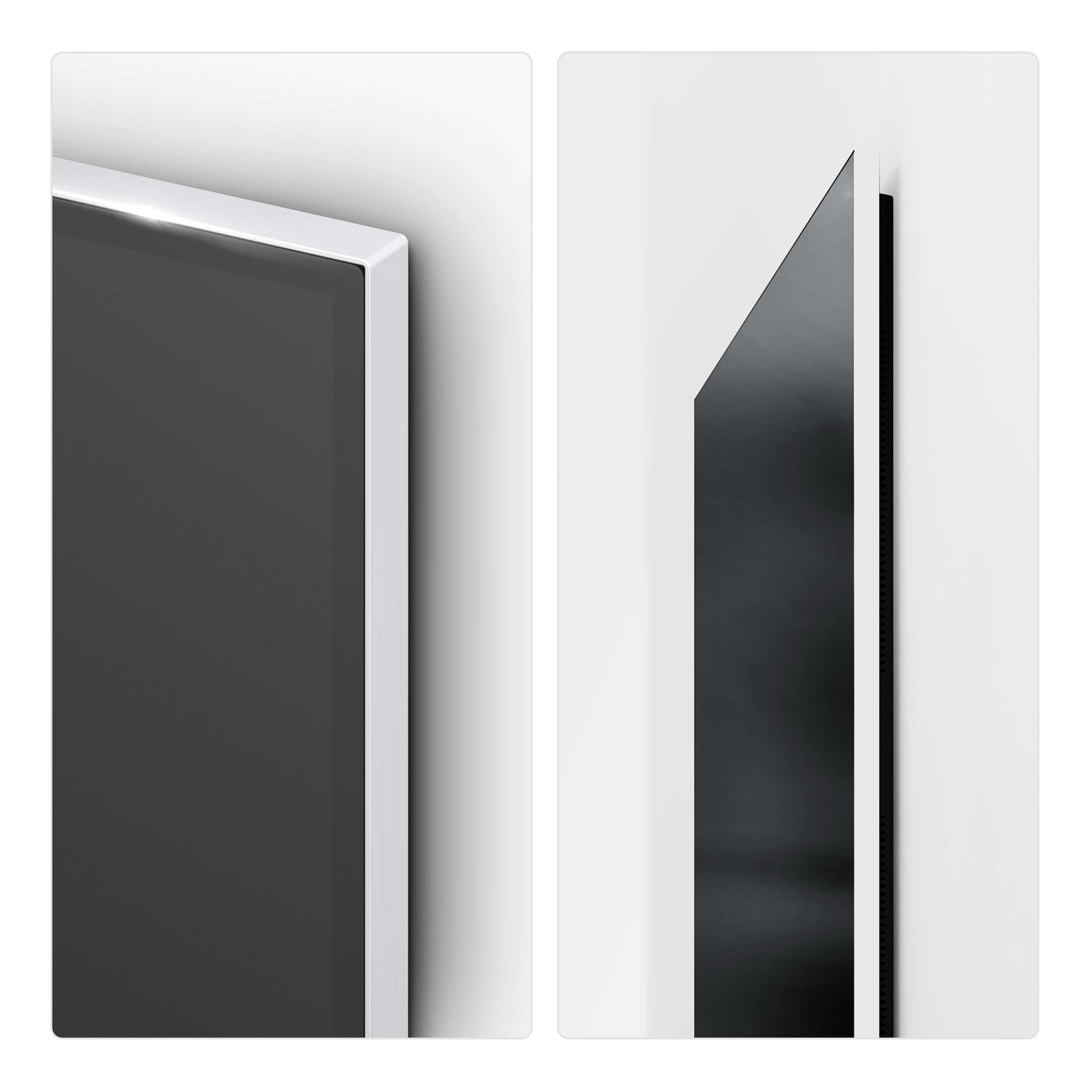 Primo piano di schermo nero con cornice bianca. La vista laterale mostra un design elegante.