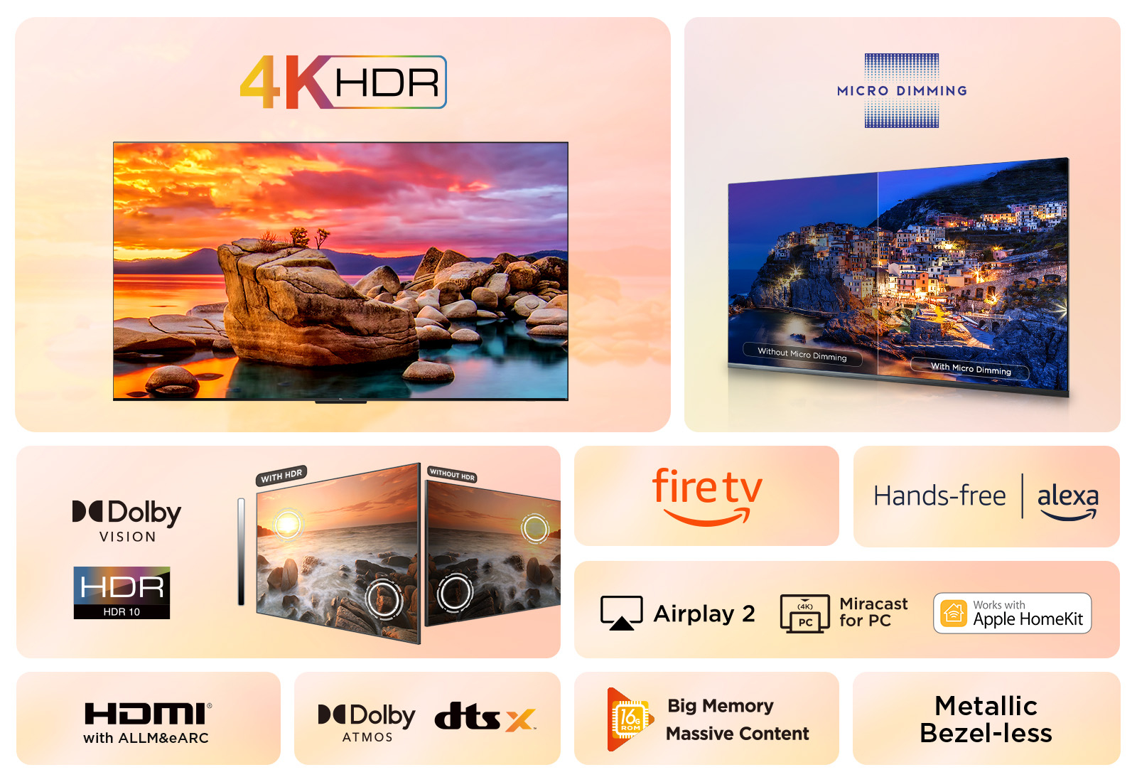 Un televisore mostra una vivace scena di tramonto. Le caratteristiche includono 4K HDR, Dolby Vision, Fire TV, Airplay e Alexa a mani libere, design senza bordi metallico.