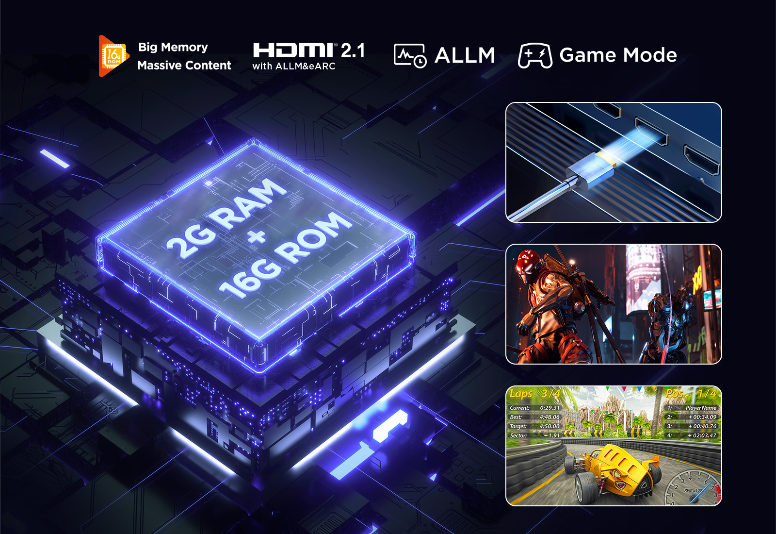 L'immagine presenta un circuito stampato luminoso con dettagli RAM e ROM. Vengono visualizzate scene di gioco, tra cui un gioco di corse.