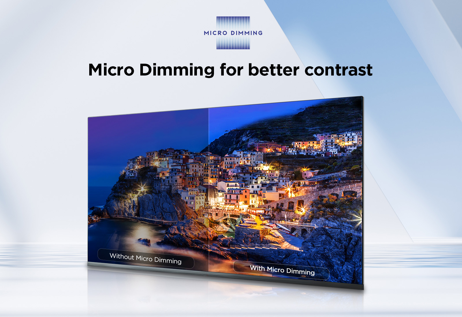 Uno schermo TV mostra una città costiera di notte, diviso per confrontare le immagini con e senza micro dimming.