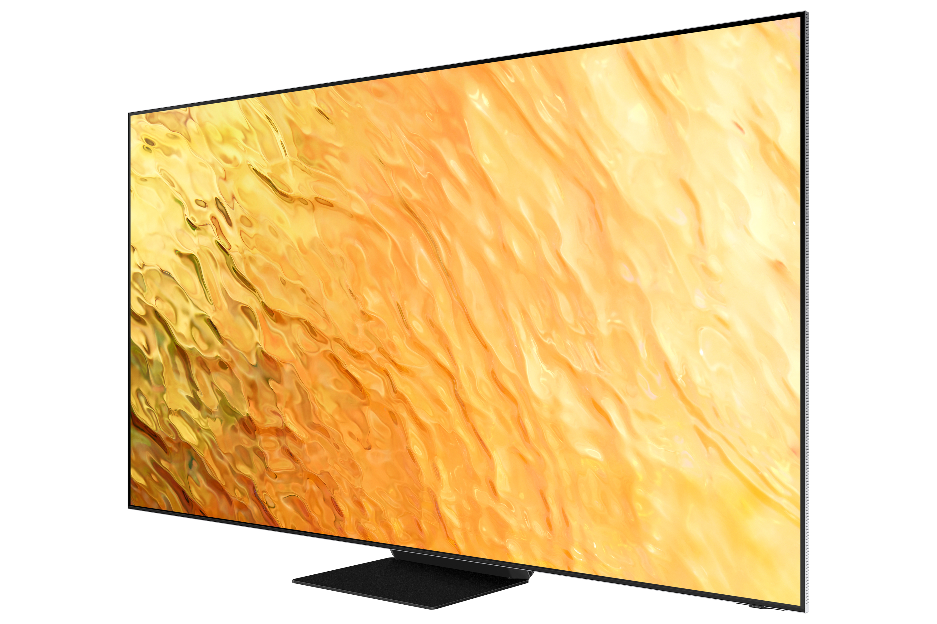 Una grande TV con un motivo giallo e ondulato sullo schermo. È su un supporto nero. Lo sfondo è bianco.