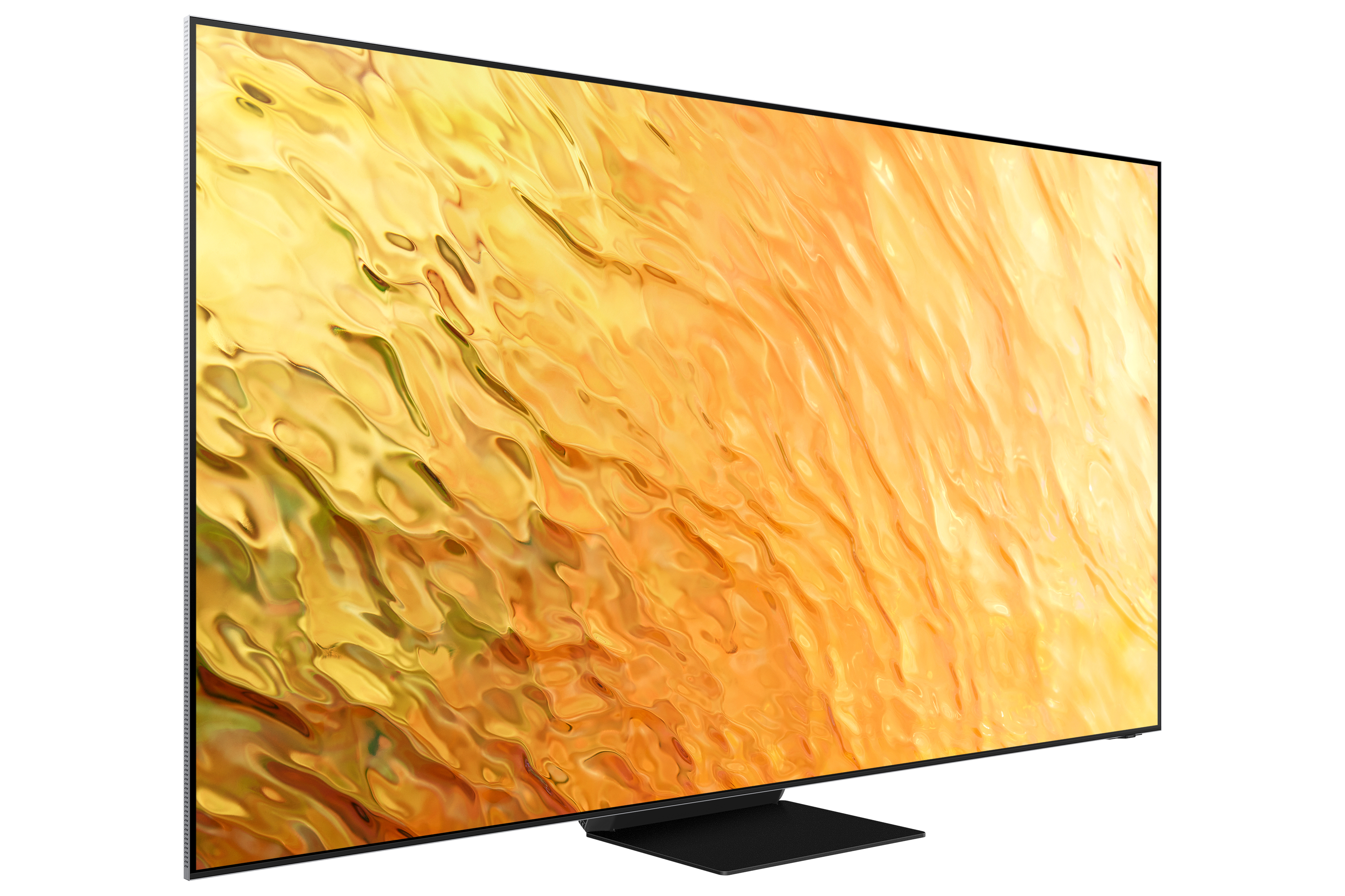 Una moderna TV con display astratto giallo dorato è mostrata da un angolo. Poggia su un supporto nero, sfondo bianco.