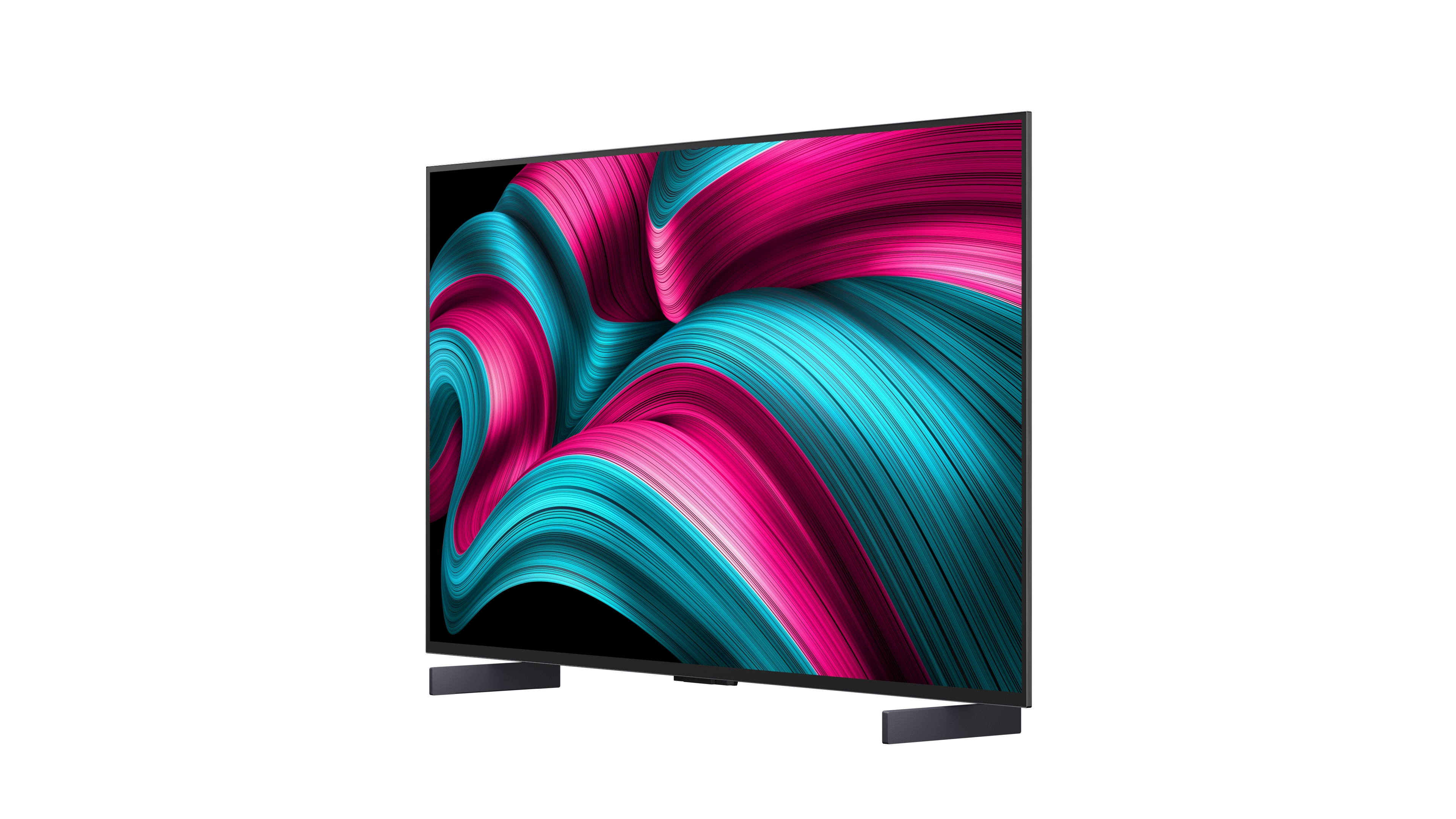 Una moderna TV con uno schermo che mostra arte astratta rosa e turchese. Su sfondo bianco, con supporti neri.