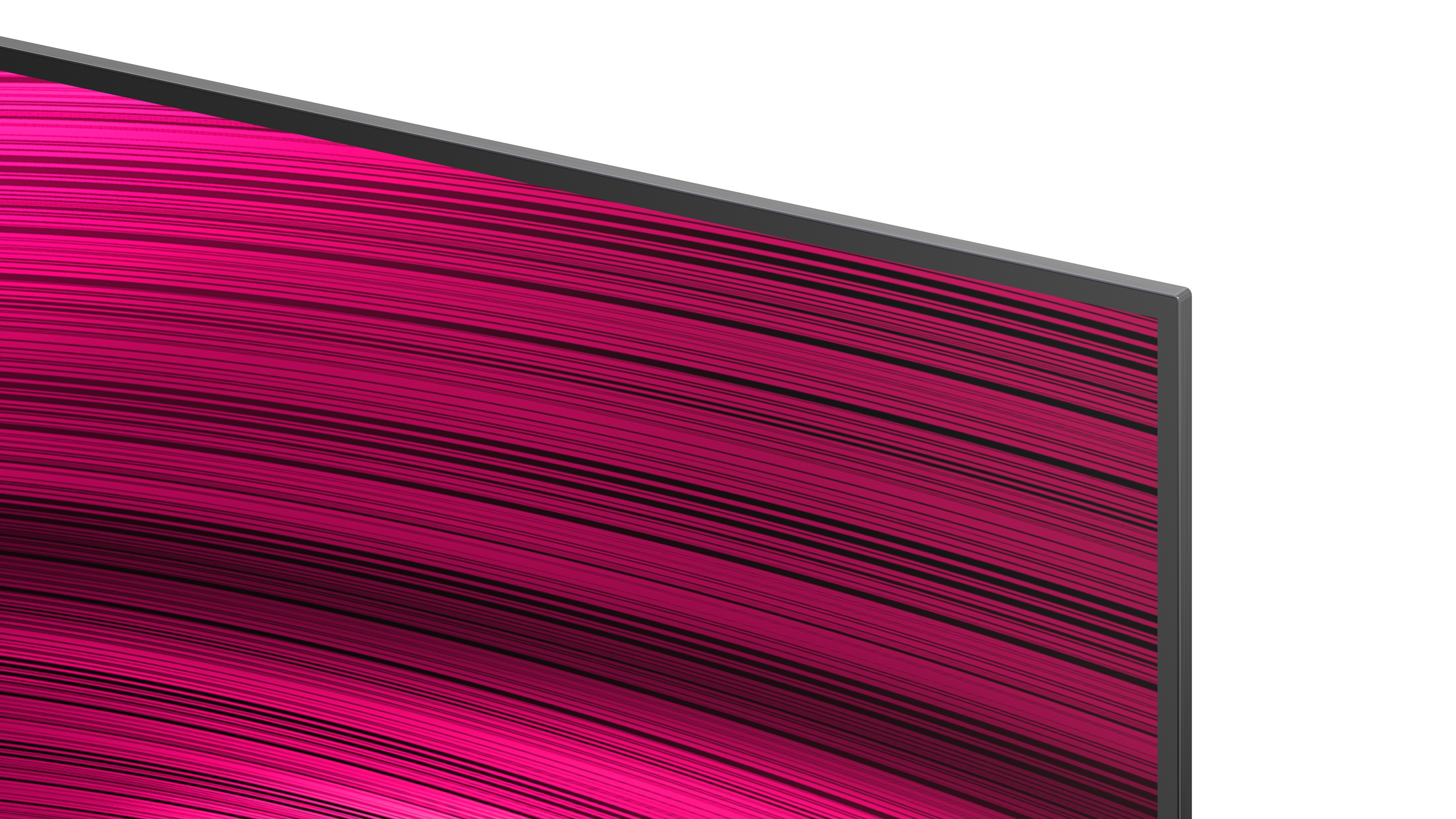 Primo piano di un angolo del monitor. Mostra un motivo a strisce rosa e nere. Il monitor ha una cornice nera su sfondo bianco.