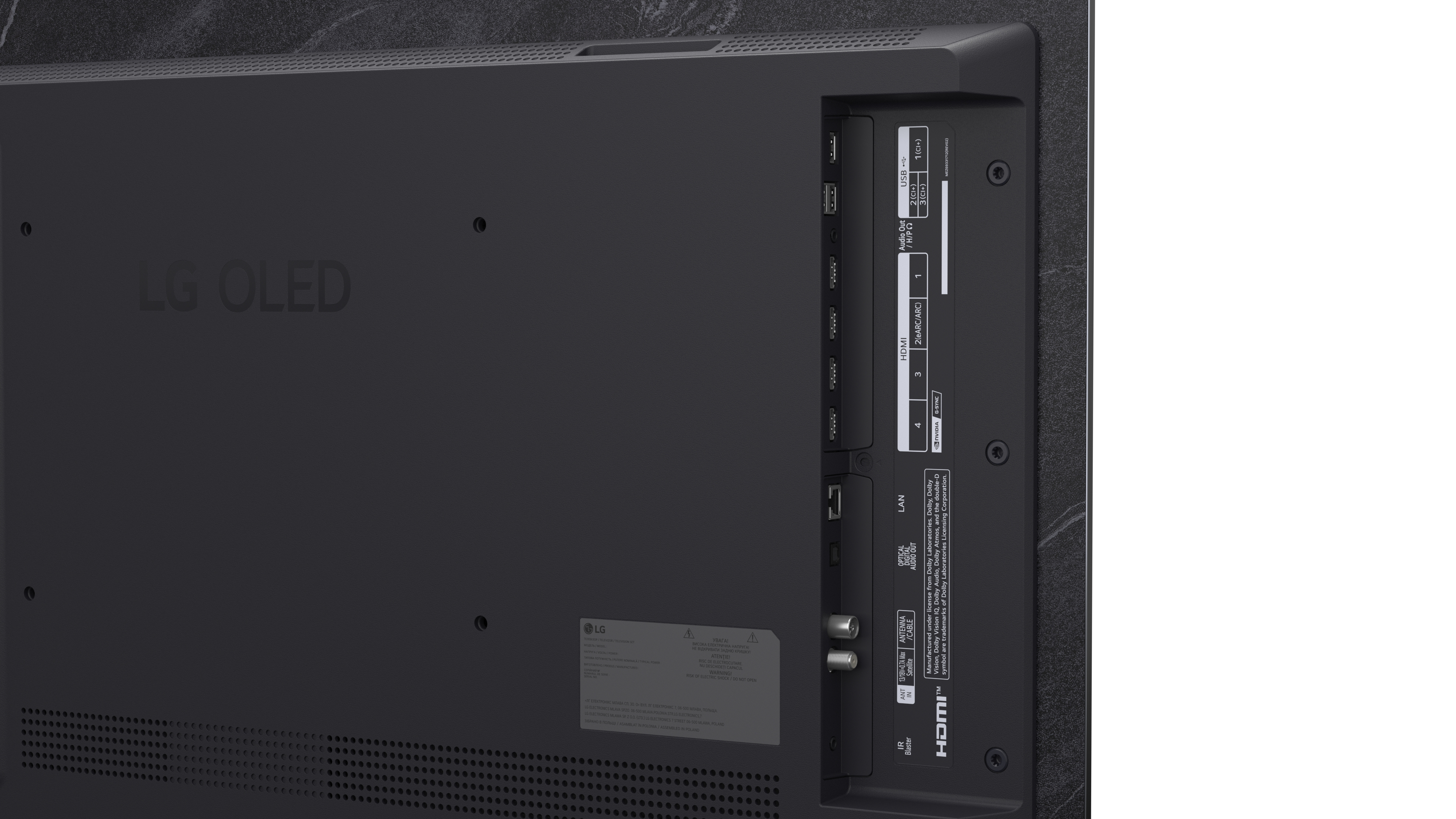 Vista posteriore di una TV LG OLED nera con porte: HDMI, USB, LAN e antenna. Logo LG OLED a sinistra.
