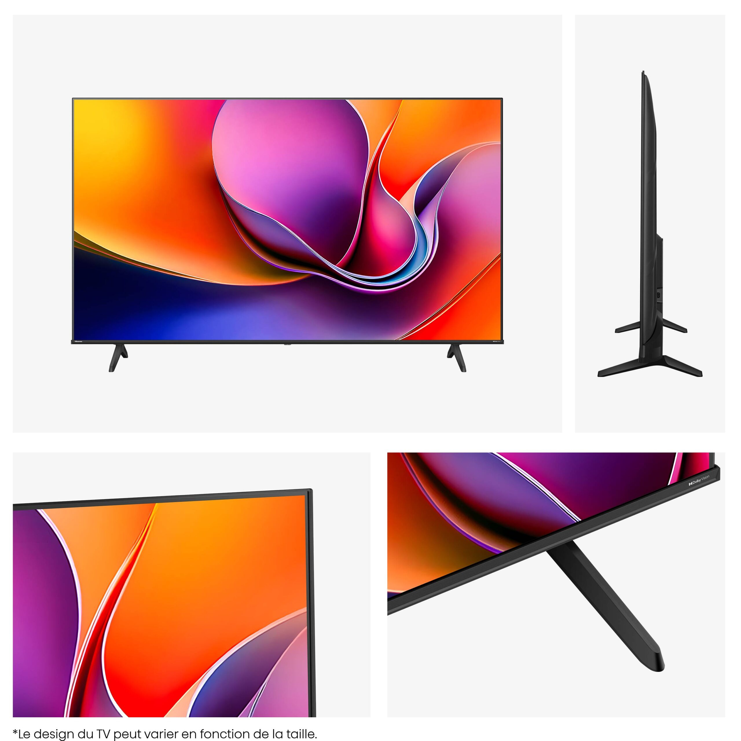 Una moderna TV con display astratto colorato. Sezioni mostrano la TV da diverse angolazioni.