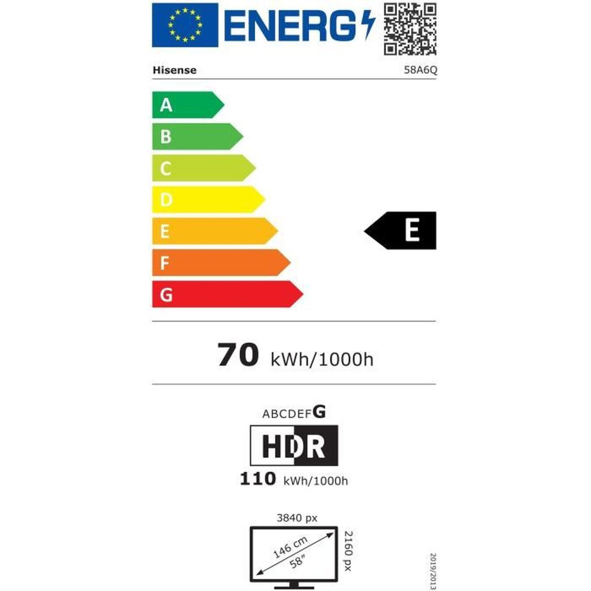 Etichetta energetica per un TV Hisense. Mostra la classe E, 70 kWh/1000h, HDR e le dimensioni del televisore.