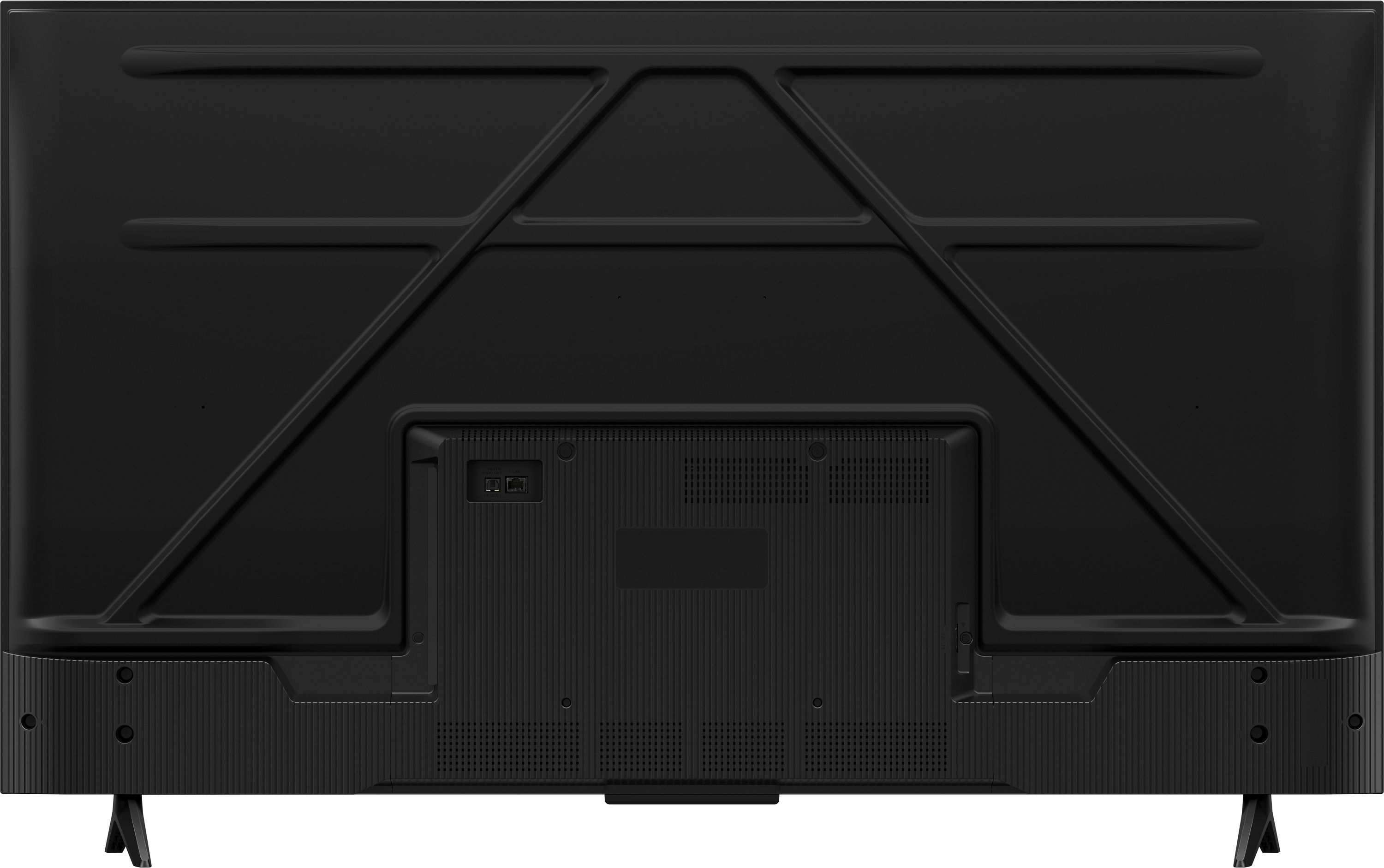 Widok z tyłu czarnego telewizora. Ma geometryczną strukturę nośną i różne porty.