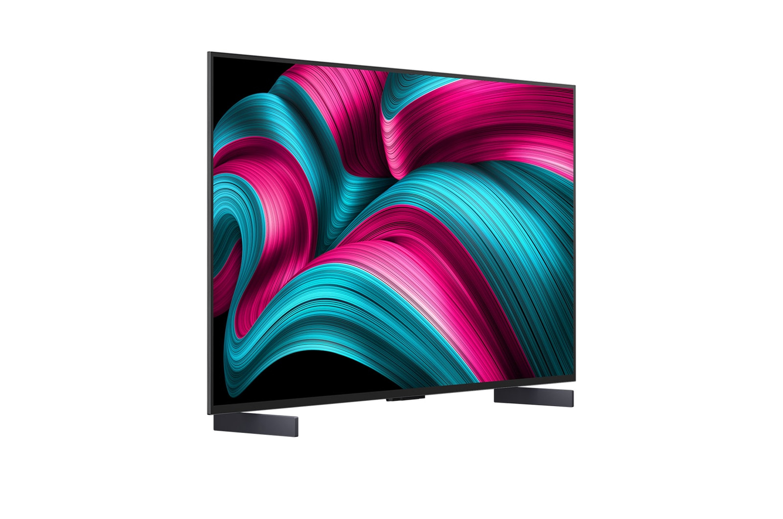 Una moderna TV con uno schermo che mostra un vivace motivo astratto di vortici rosa e verde acqua.