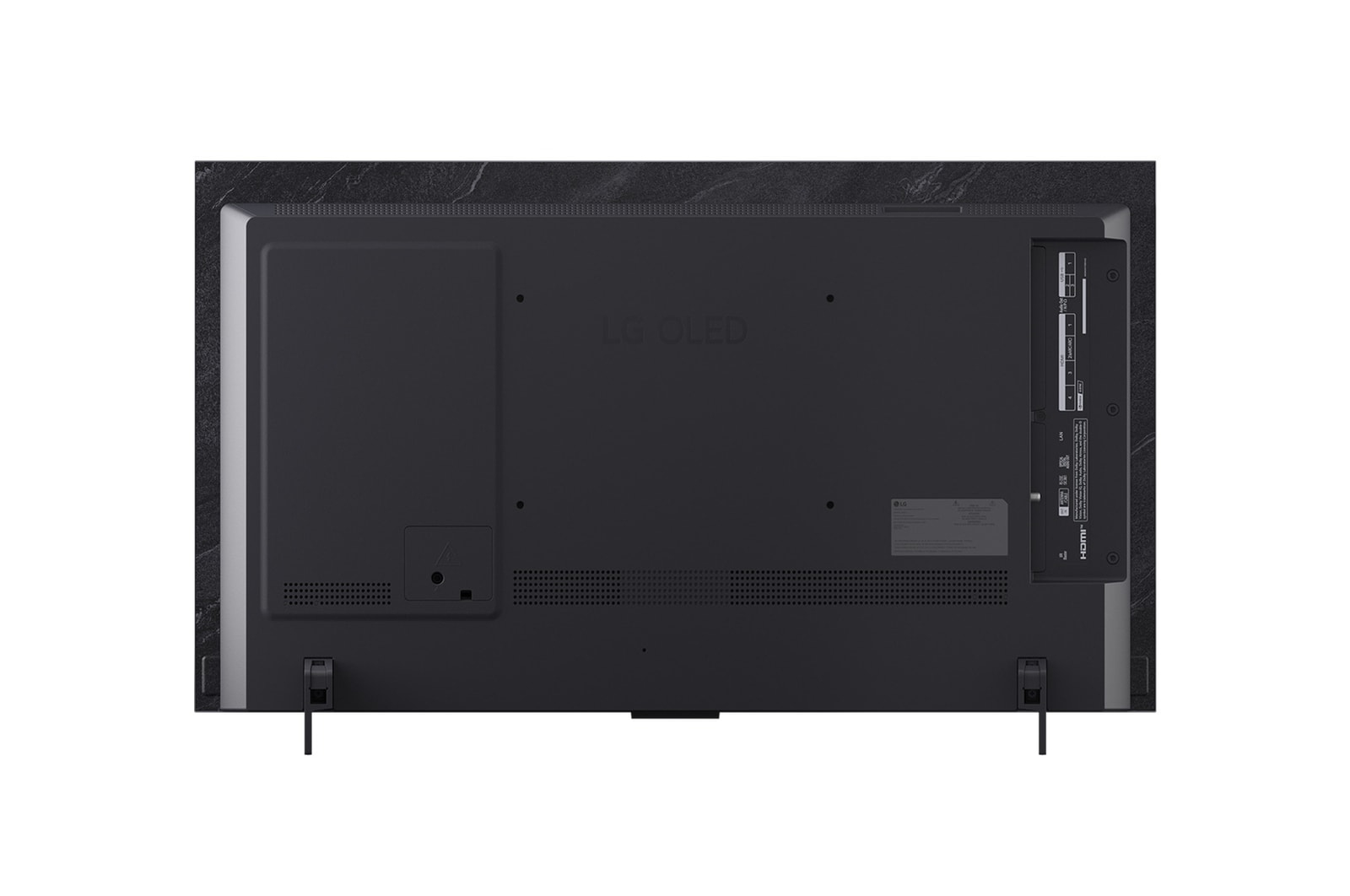 Vista posteriore di un TV LG OLED su sfondo grigio. Porte e marchio visibili.
