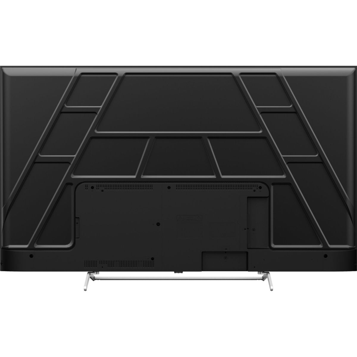 Vista posteriore di una TV nera. Il retro ha un design geometrico ed è supportato da un supporto argentato.