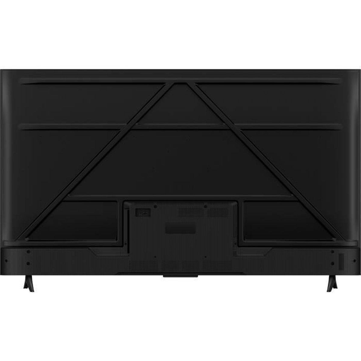 Tył czarnego telewizora. Ma geometryczny wzór i dwie nóżki. Z tyłu znajdują się porty i głośnik.